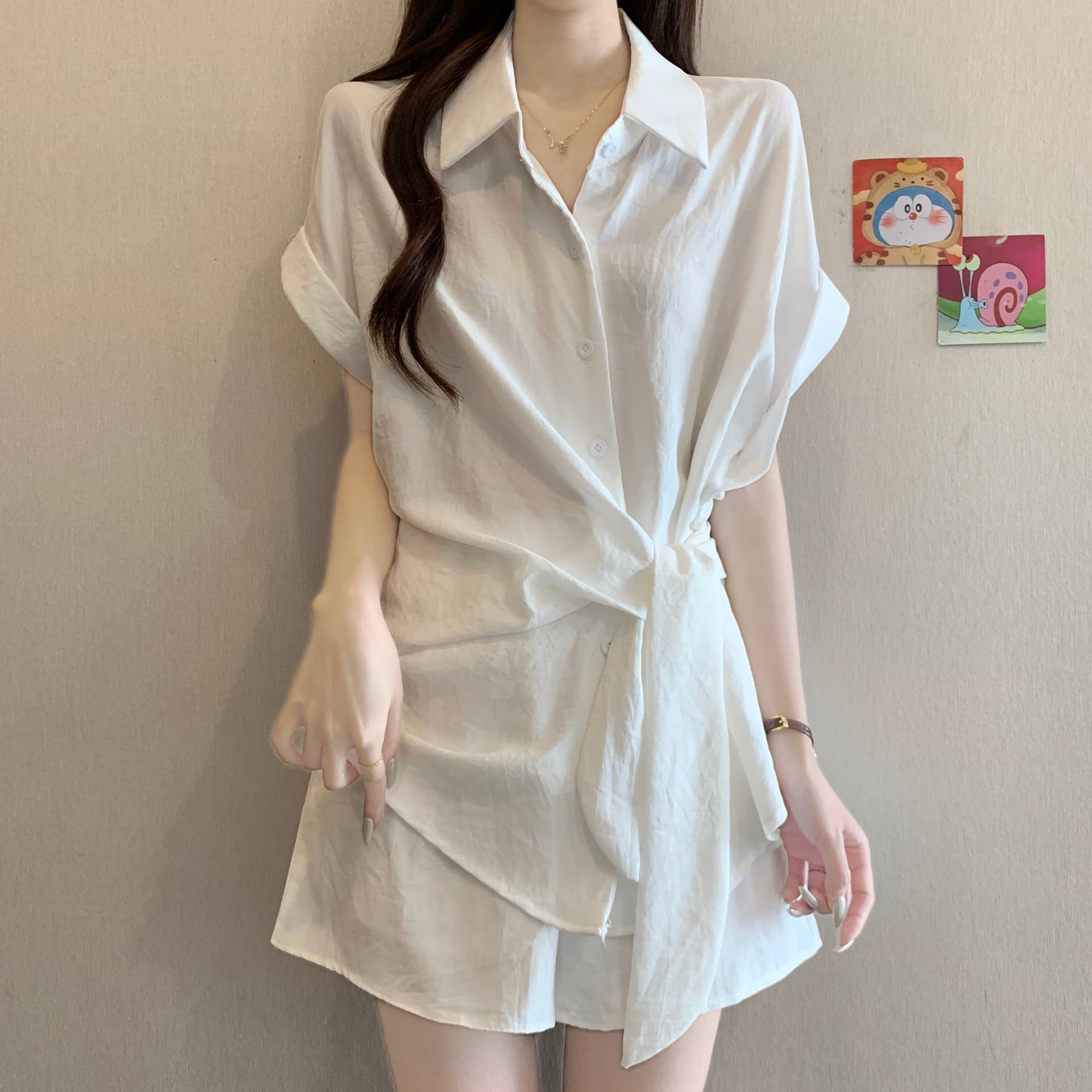 빅 사이즈 여성 의류 여름 지방 mm 슬림해 보이는 표지 고기 패션 디자인 센스 레이스업 반팔 셔츠 와이드 레그 팬츠 투피스 슈트 상세 이미지 3
