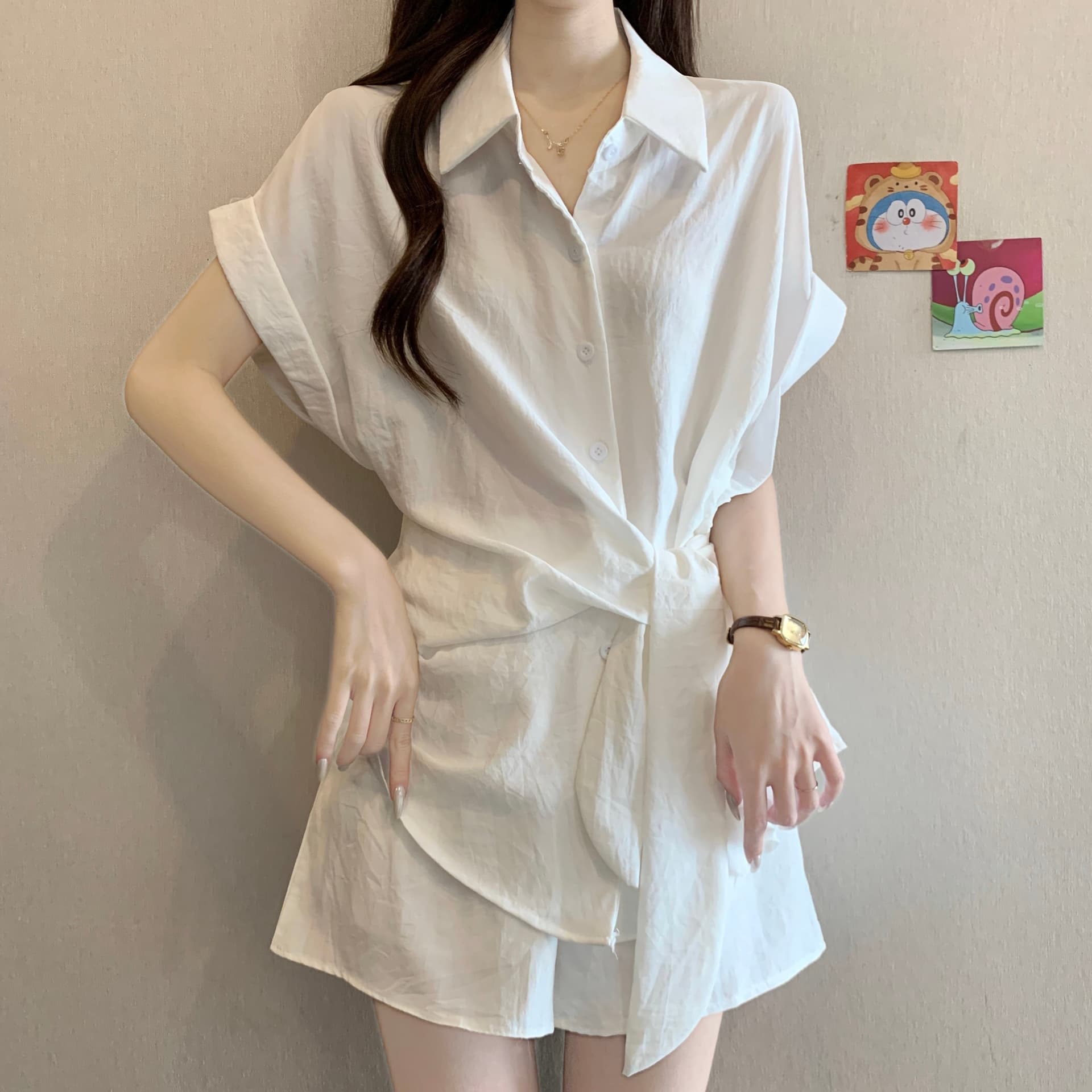빅 사이즈 여성 의류 여름 지방 mm 슬림해 보이는 표지 고기 패션 디자인 센스 레이스업 반팔 셔츠 와이드 레그 팬츠 투피스 슈트 상세 이미지 4