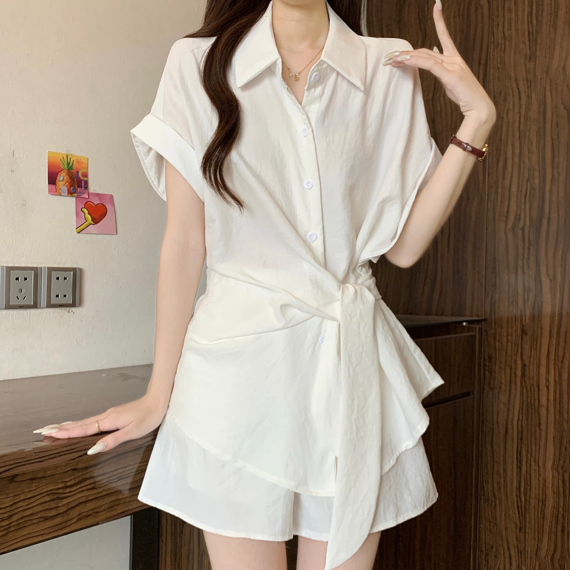 빅 사이즈 여성 의류 여름 지방 mm 슬림해 보이는 표지 고기 패션 디자인 센스 레이스업 반팔 셔츠 와이드 레그 팬츠 투피스 슈트 상세 이미지 7
