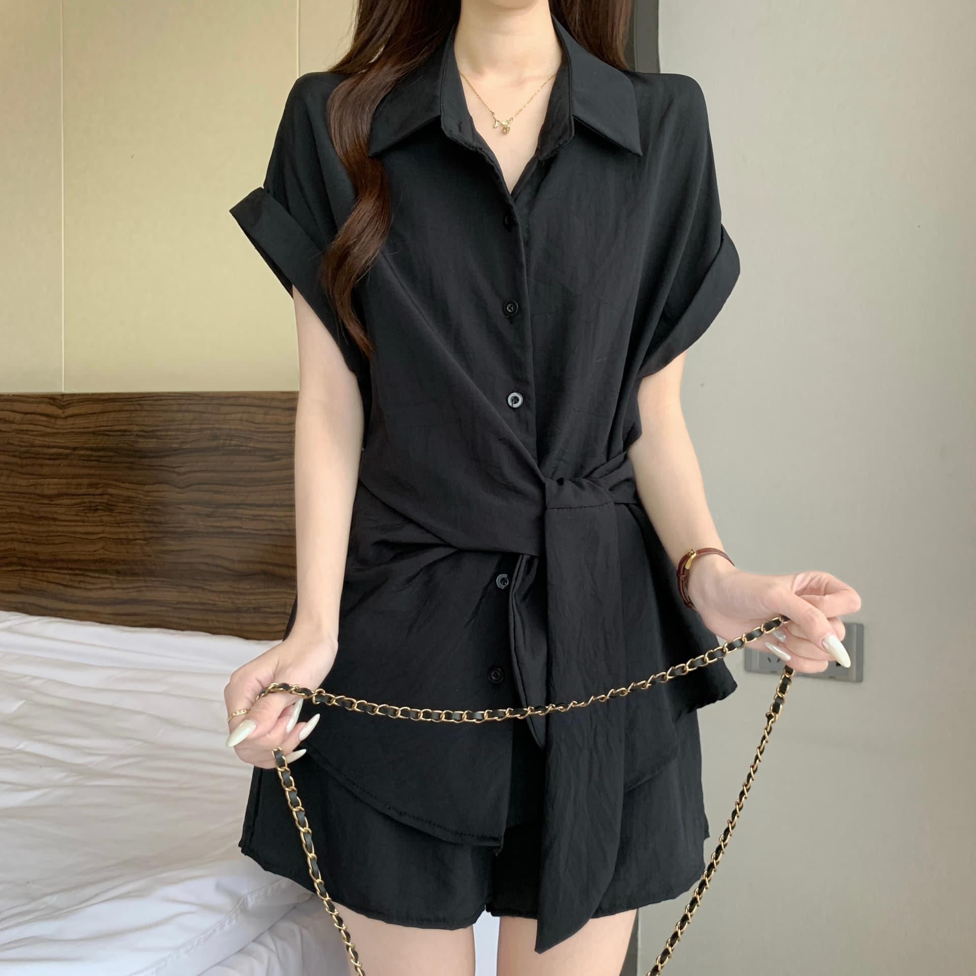 빅 사이즈 여성 의류 여름 지방 mm 슬림해 보이는 표지 고기 패션 디자인 센스 레이스업 반팔 셔츠 와이드 레그 팬츠 투피스 슈트 상세 이미지 18