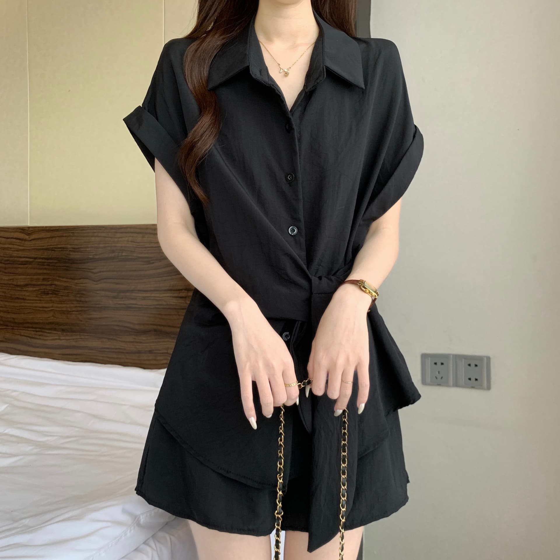 빅 사이즈 여성 의류 여름 지방 mm 슬림해 보이는 표지 고기 패션 디자인 센스 레이스업 반팔 셔츠 와이드 레그 팬츠 투피스 슈트 상세 이미지 19