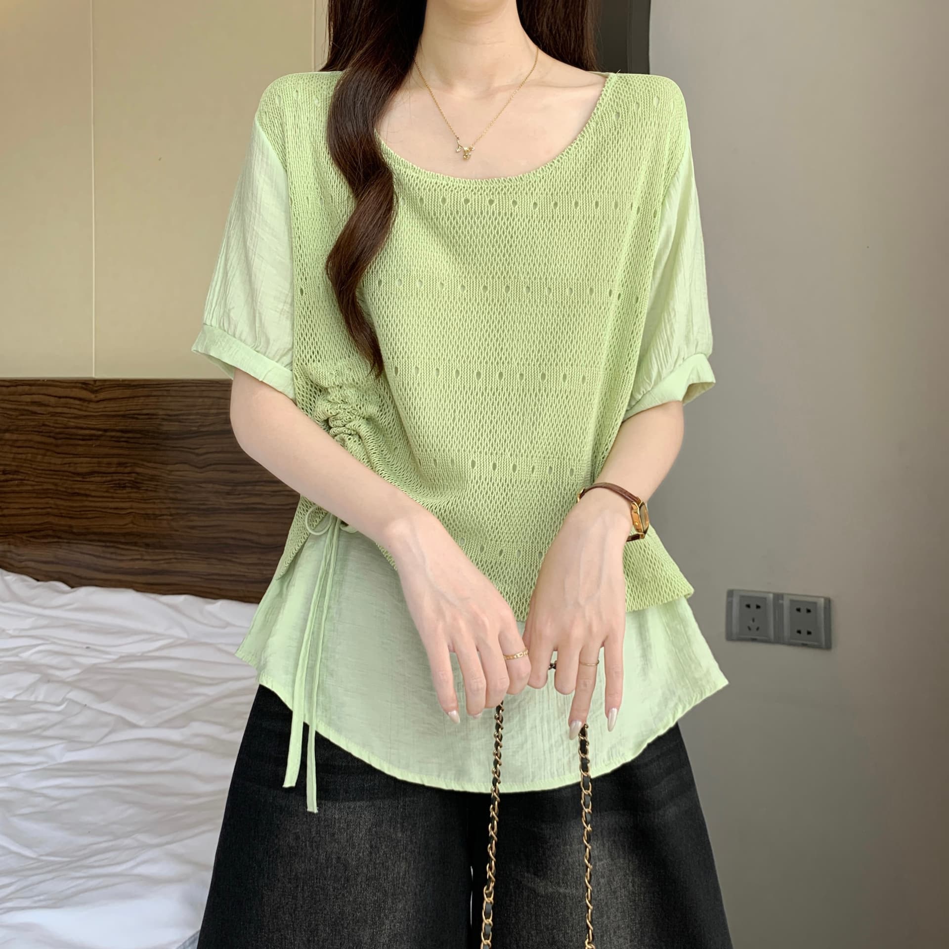 페이크 레이어드 패치워크 반팔 만나는 여성 셔츠 여름 빅 사이즈 지방 mm 슬림해 보이는 디자인 센스 펌프 로프 표지 배 맨위 상세 이미지 6