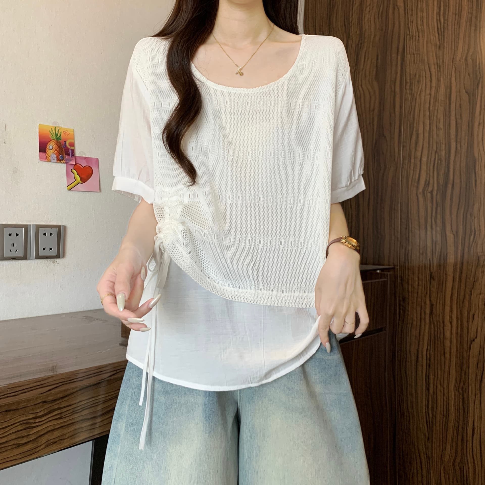 페이크 레이어드 패치워크 반팔 만나는 여성 셔츠 여름 빅 사이즈 지방 mm 슬림해 보이는 디자인 센스 펌프 로프 표지 배 맨위 상세 이미지 16