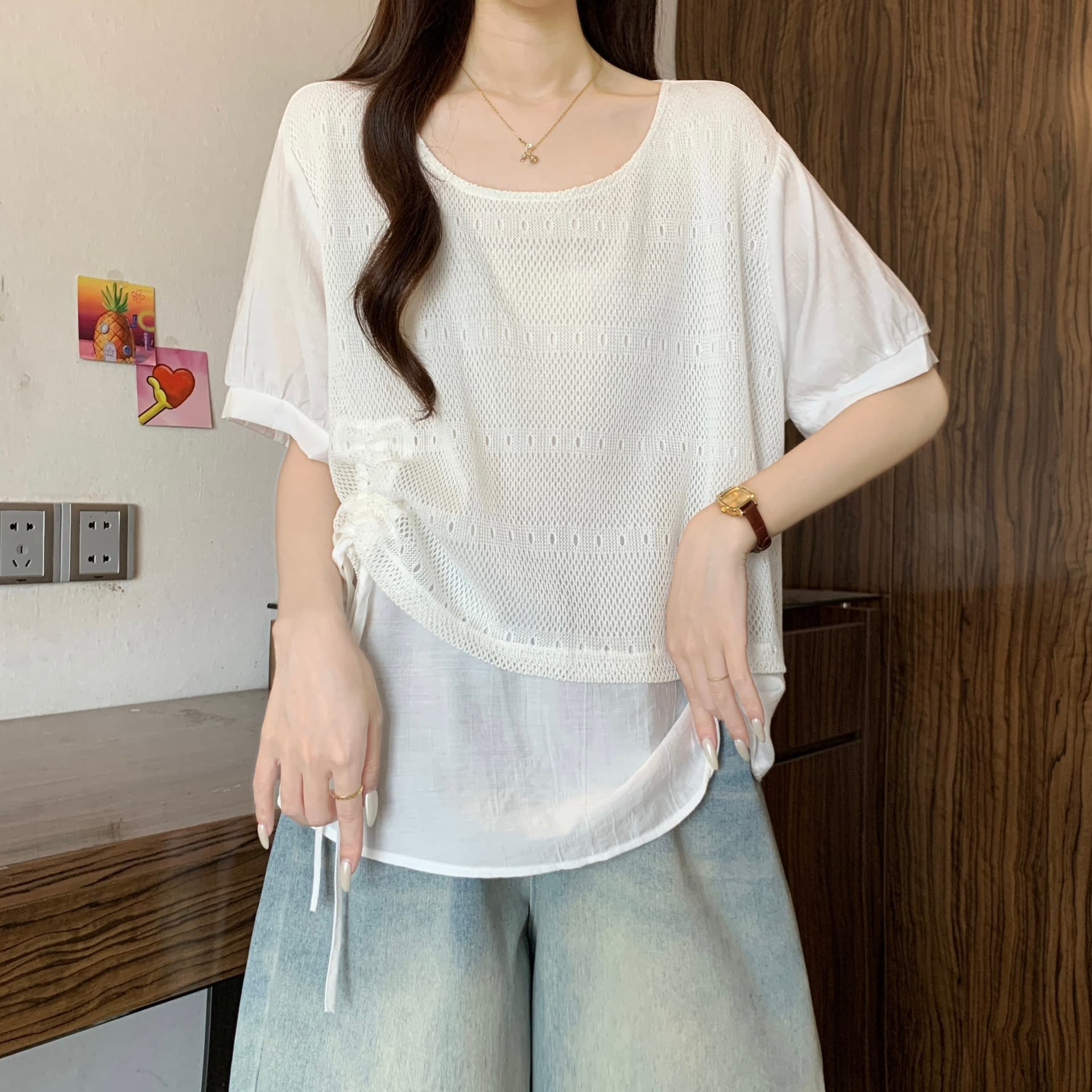 페이크 레이어드 패치워크 반팔 만나는 여성 셔츠 여름 빅 사이즈 지방 mm 슬림해 보이는 디자인 센스 펌프 로프 표지 배 맨위 상세 이미지 17