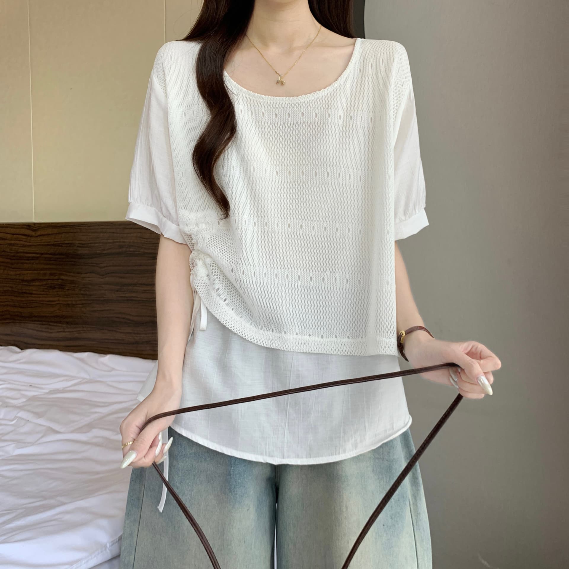페이크 레이어드 패치워크 반팔 만나는 여성 셔츠 여름 빅 사이즈 지방 mm 슬림해 보이는 디자인 센스 펌프 로프 표지 배 맨위 상세 이미지 18