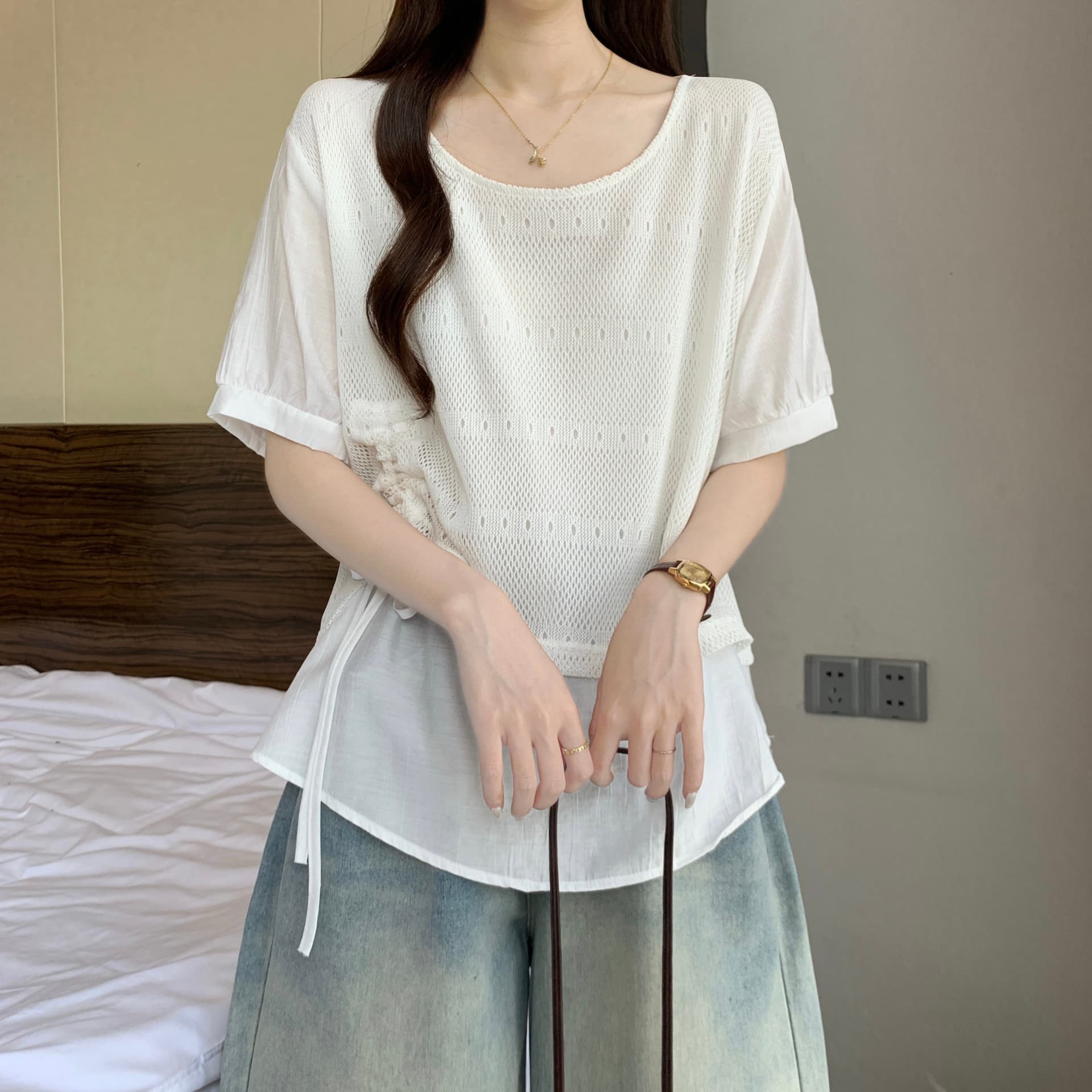페이크 레이어드 패치워크 반팔 만나는 여성 셔츠 여름 빅 사이즈 지방 mm 슬림해 보이는 디자인 센스 펌프 로프 표지 배 맨위 상세 이미지 19