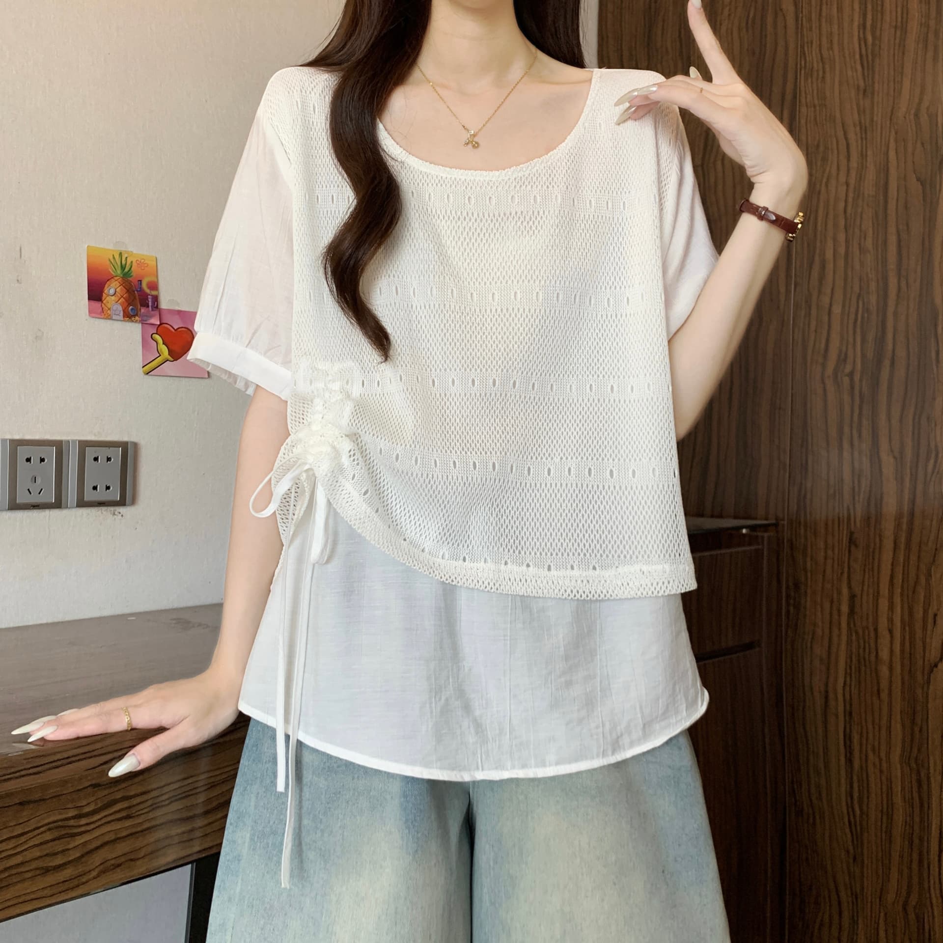 페이크 레이어드 패치워크 반팔 만나는 여성 셔츠 여름 빅 사이즈 지방 mm 슬림해 보이는 디자인 센스 펌프 로프 표지 배 맨위 상세 이미지 15