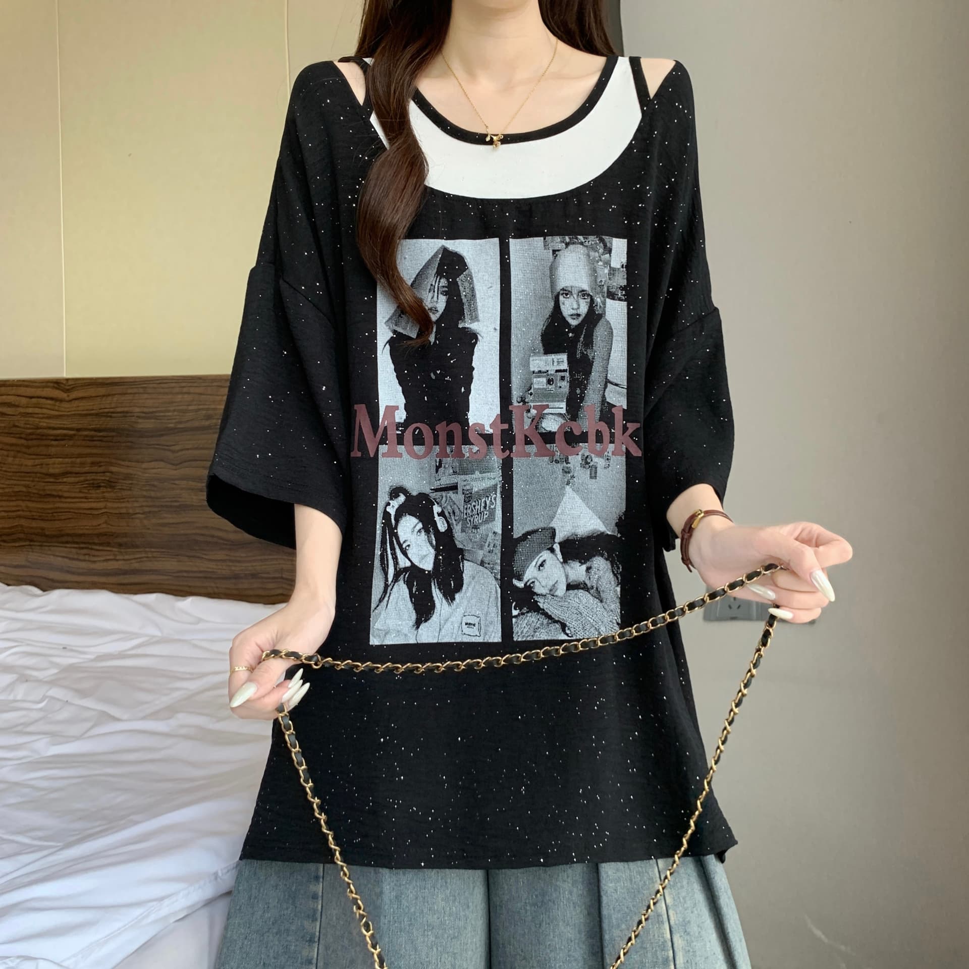 대 에디션 루즈핏 페이크 레이어드 오프숄더 반팔 티셔츠 여성 여름 빅 사이즈 지방 mm 슬림해 보이는 중간 길이 표지 엉덩이 맨위 상세 이미지 20