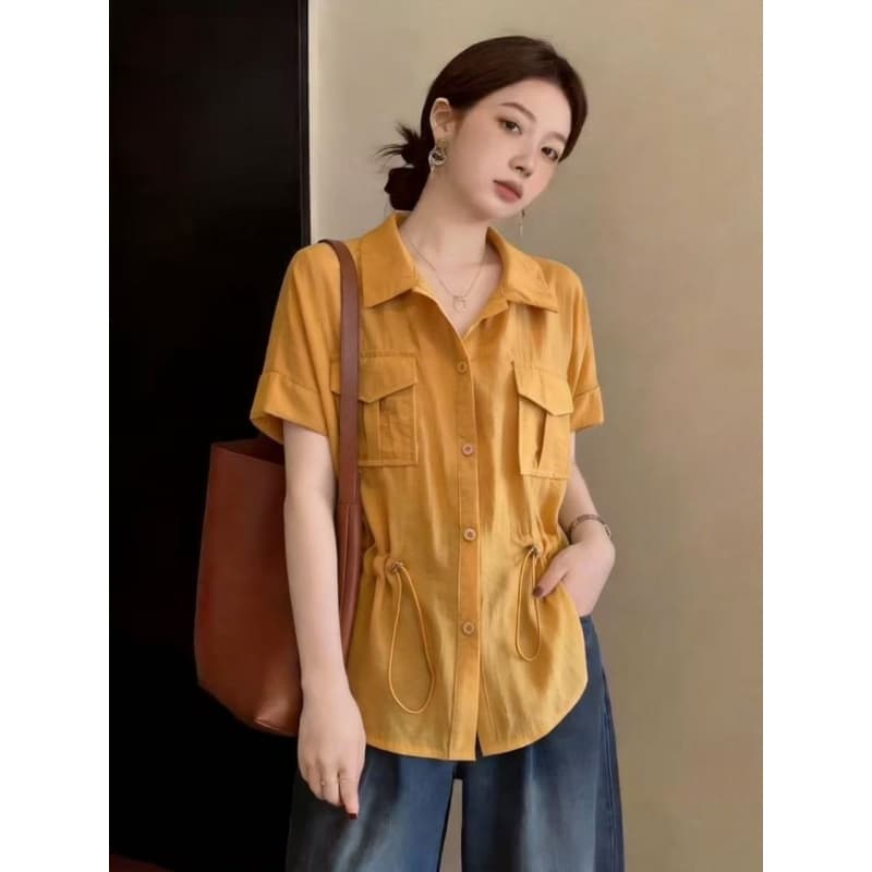 더블 주머니 반팔 워크웨어 여성 셔츠 여름 드레스 새로운 빅 사이즈 지방 mm 슬림해 보이는 표지 배 디자인 센스 펌프 로프 맨위