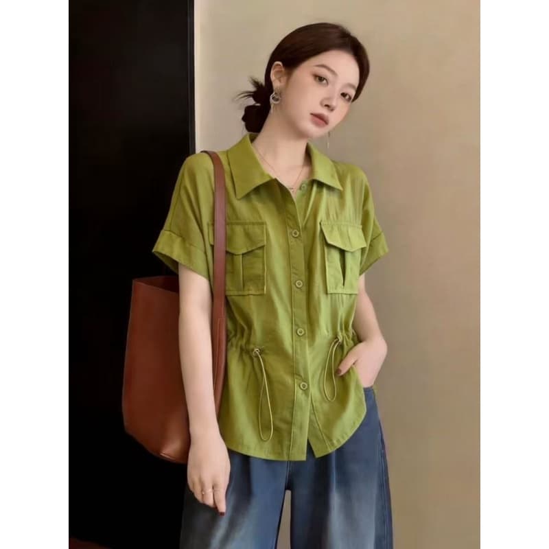 더블 주머니 반팔 워크웨어 여성 셔츠 여름 드레스 새로운 빅 사이즈 지방 mm 슬림해 보이는 표지 배 디자인 센스 펌프 로프 맨위 이미지 4