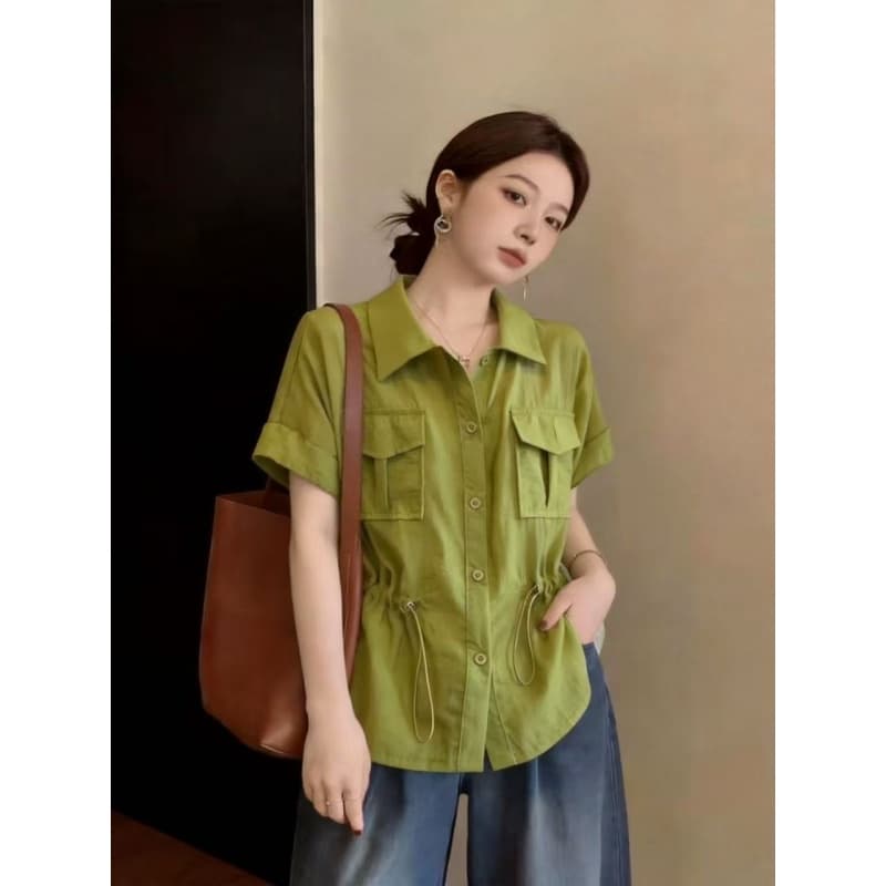 더블 주머니 반팔 워크웨어 여성 셔츠 여름 드레스 새로운 빅 사이즈 지방 mm 슬림해 보이는 표지 배 디자인 센스 펌프 로프 맨위 상세 이미지 1