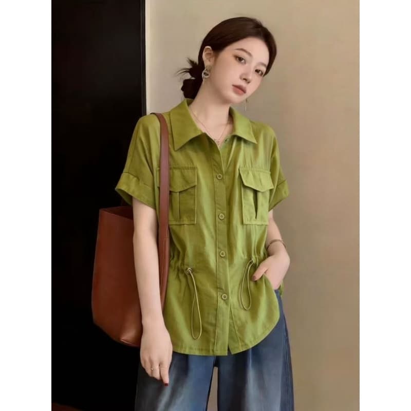 더블 주머니 반팔 워크웨어 여성 셔츠 여름 드레스 새로운 빅 사이즈 지방 mm 슬림해 보이는 표지 배 디자인 센스 펌프 로프 맨위 상세 이미지 4