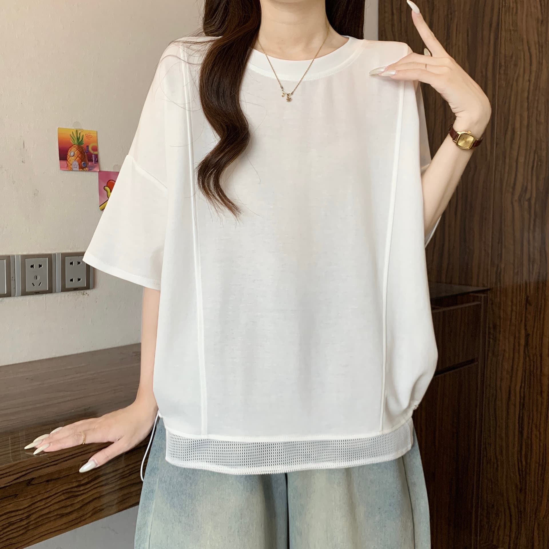 유럽 상품 표지 배 반팔 티셔츠 여성 2026 여름 새로운 빅 사이즈 지방 mm 고유 한 루즈핏 슬림해 보이는 기본 셔츠 맨위 상세 이미지 25