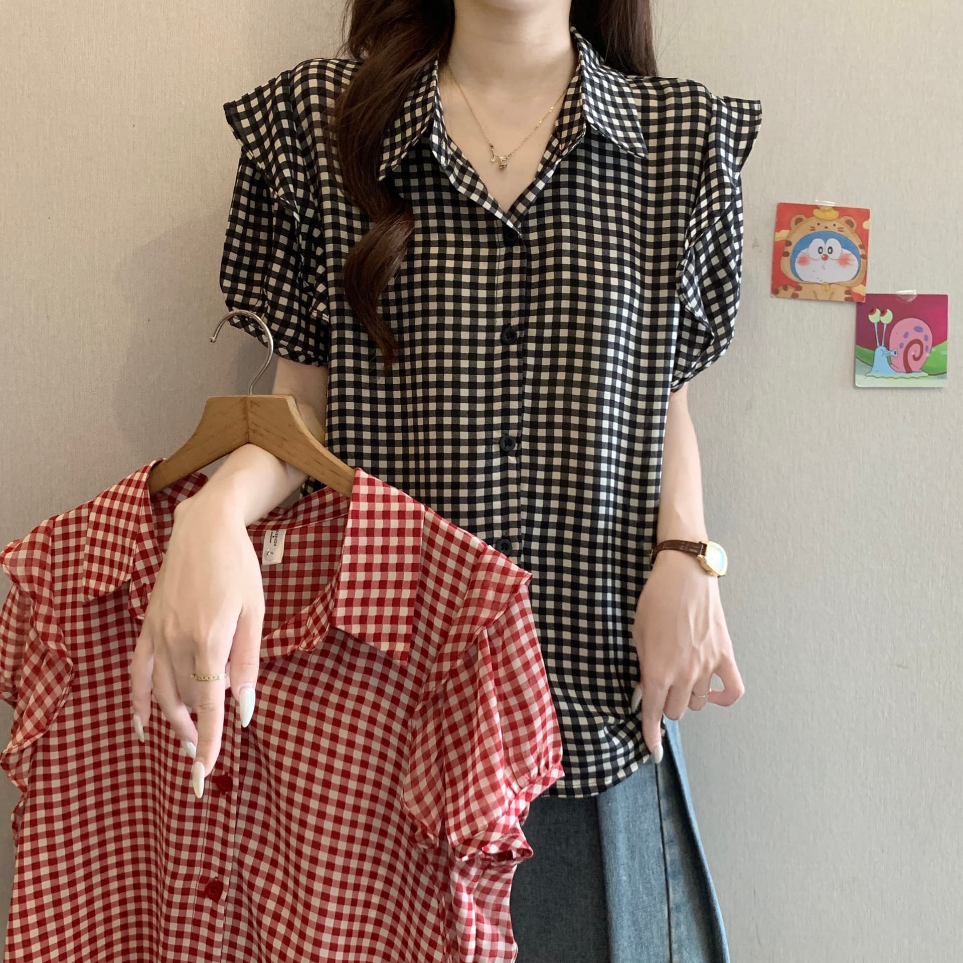 빅 사이즈 여성 의류 프릴 체크무늬 반팔 여성 셔츠 여름 새로운 외국 가스 루즈핏 통통한 여동생 연령 감소 품격 맨위 상세 이미지 14