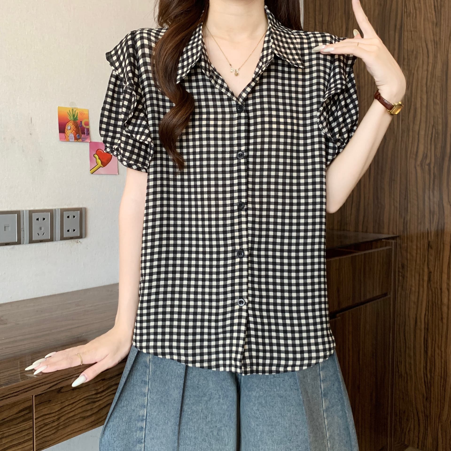 빅 사이즈 여성 의류 프릴 체크무늬 반팔 여성 셔츠 여름 새로운 외국 가스 루즈핏 통통한 여동생 연령 감소 품격 맨위 상세 이미지 15