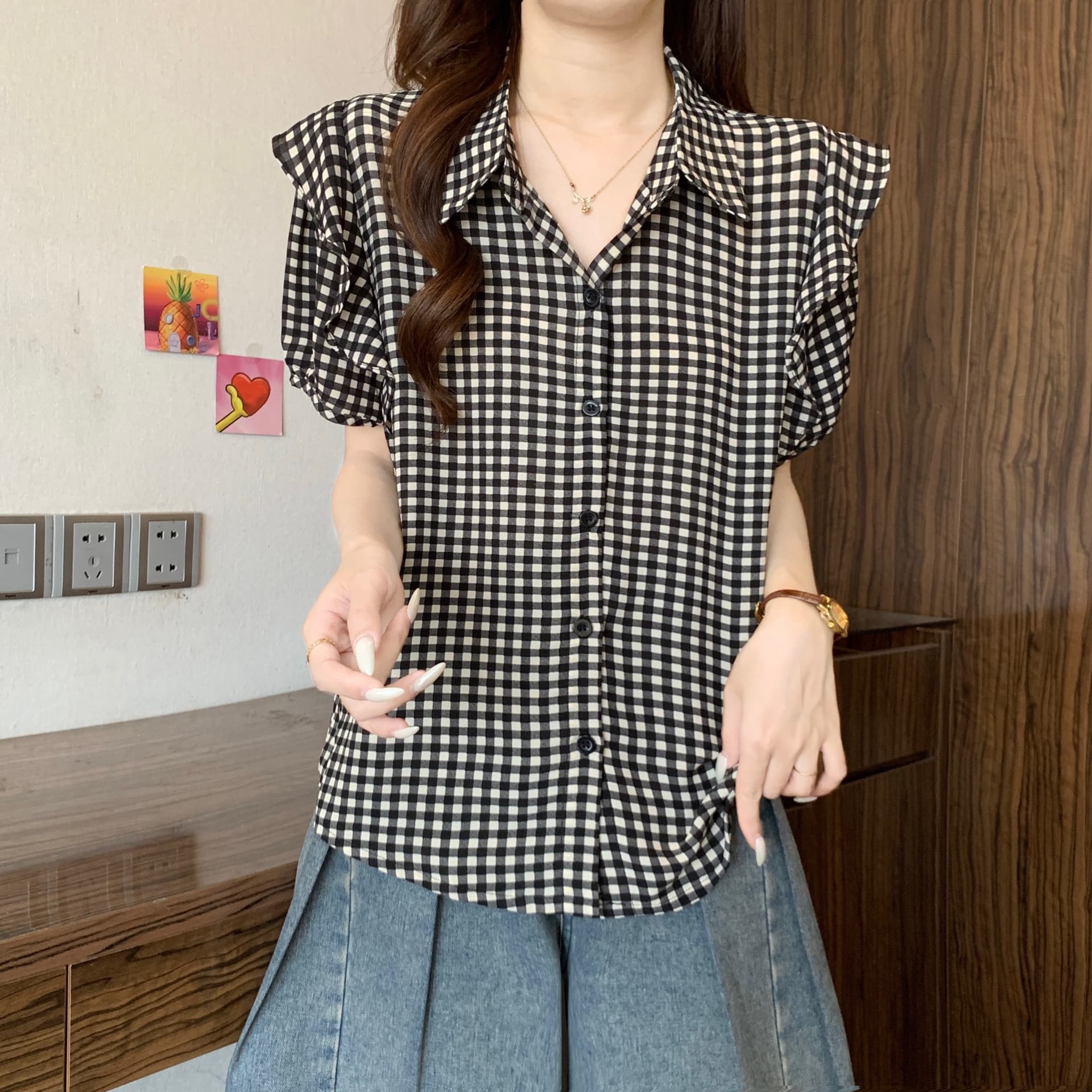 빅 사이즈 여성 의류 프릴 체크무늬 반팔 여성 셔츠 여름 새로운 외국 가스 루즈핏 통통한 여동생 연령 감소 품격 맨위 상세 이미지 16