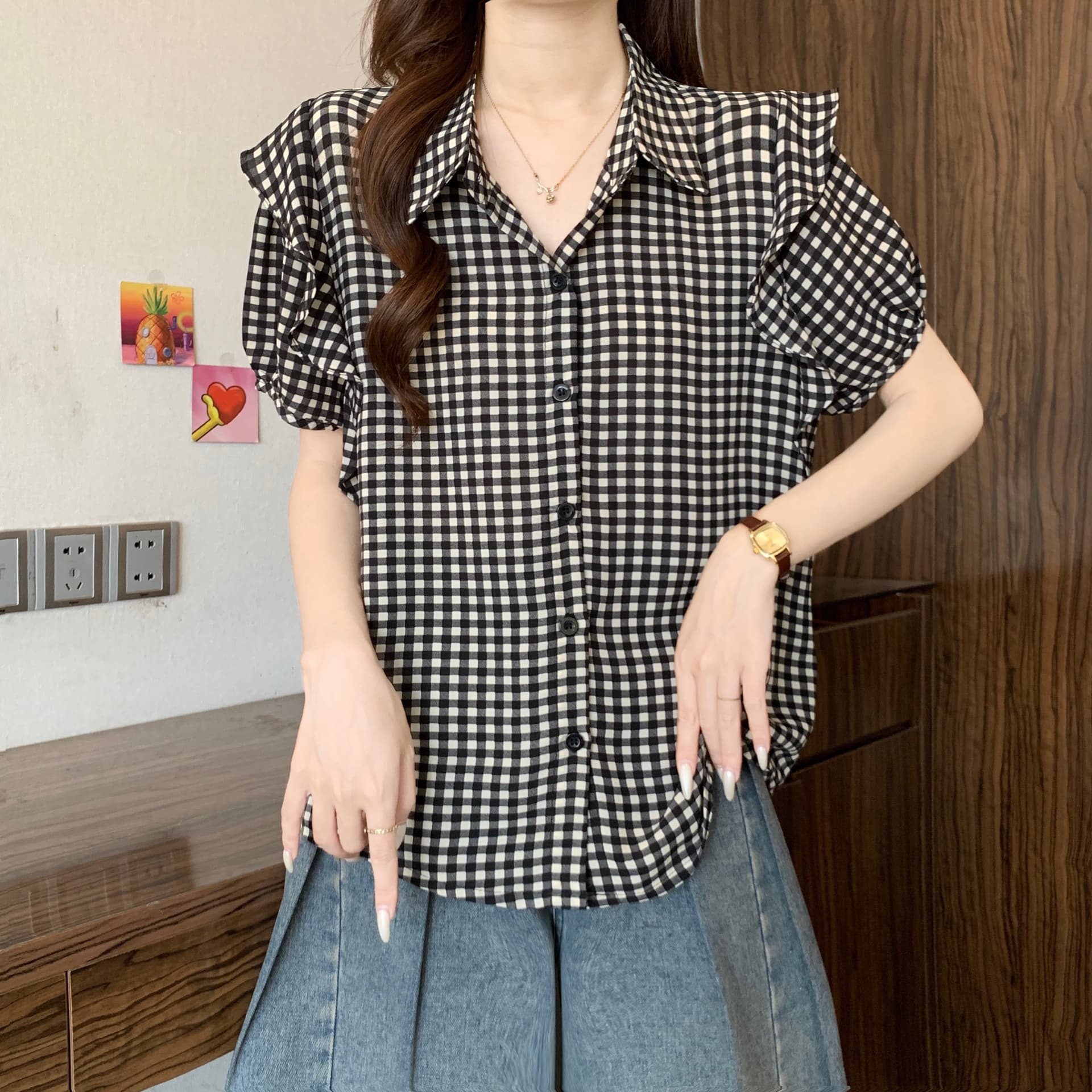 빅 사이즈 여성 의류 프릴 체크무늬 반팔 여성 셔츠 여름 새로운 외국 가스 루즈핏 통통한 여동생 연령 감소 품격 맨위 상세 이미지 17