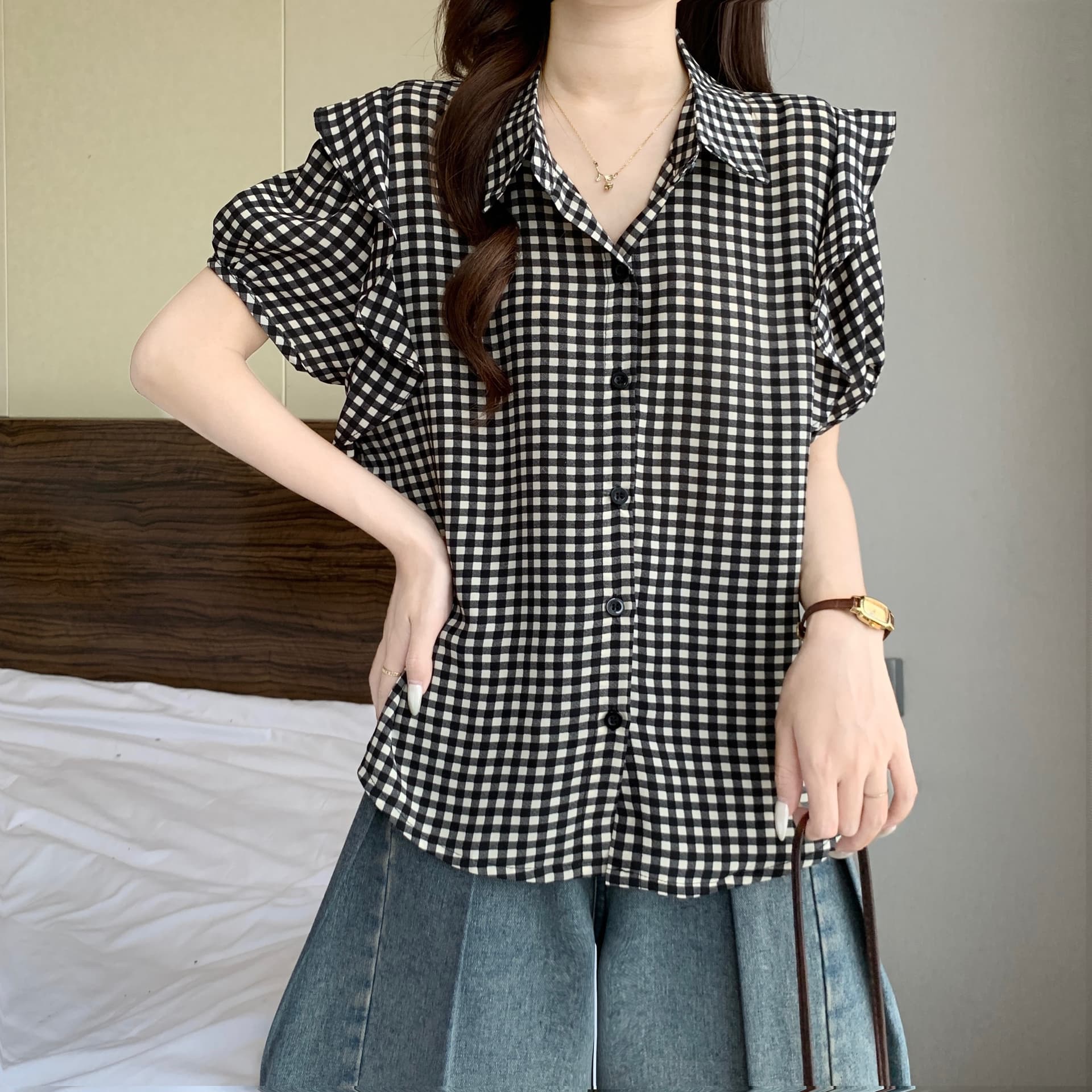 빅 사이즈 여성 의류 프릴 체크무늬 반팔 여성 셔츠 여름 새로운 외국 가스 루즈핏 통통한 여동생 연령 감소 품격 맨위 상세 이미지 20