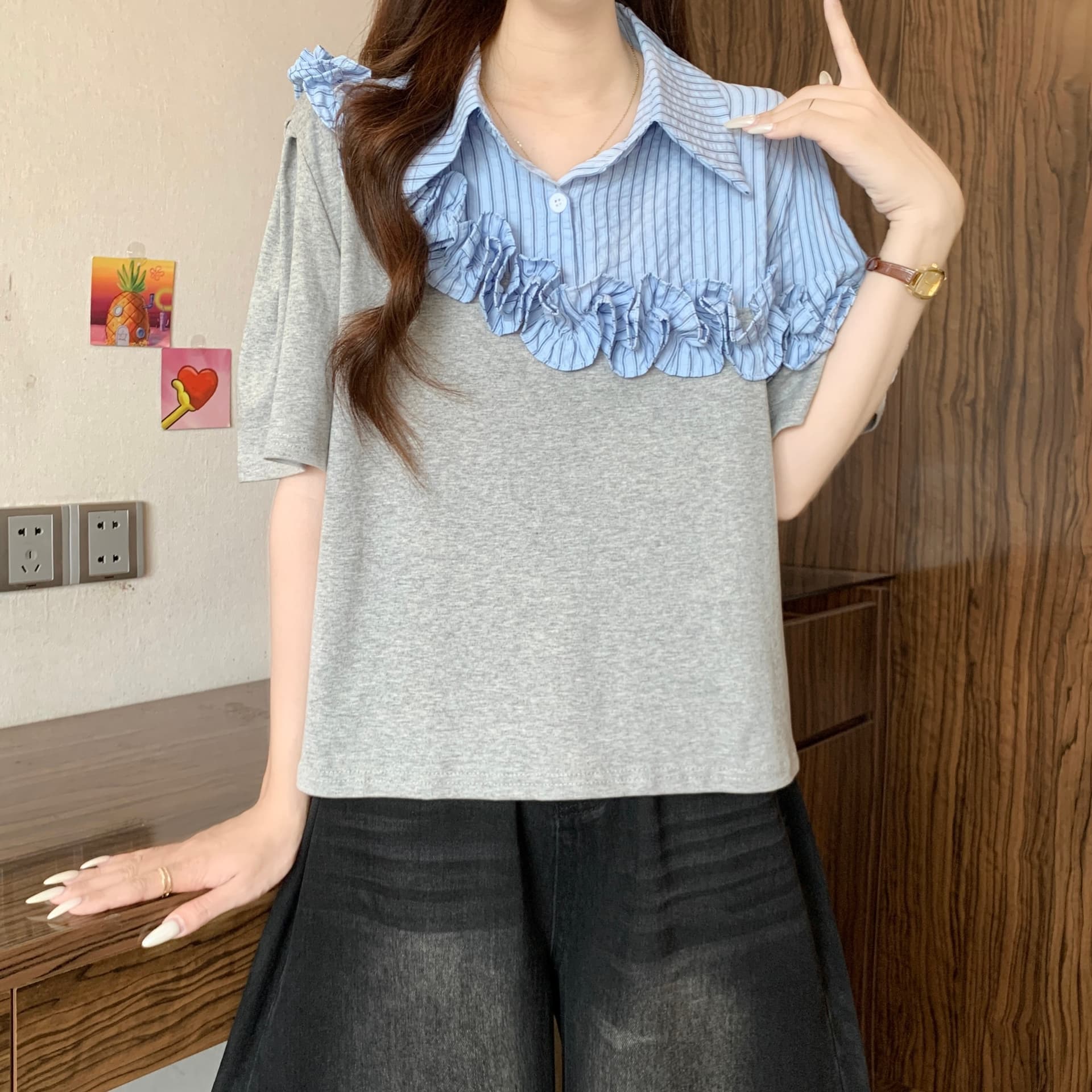 페이크 레이어드 셔츠 레이스 패치워크 반팔 맨위 여자 빅 사이즈 여성 의류 통통한 여동생 슬림해 보이는 POLO 칼라 티셔츠 여성 상세 이미지 5
