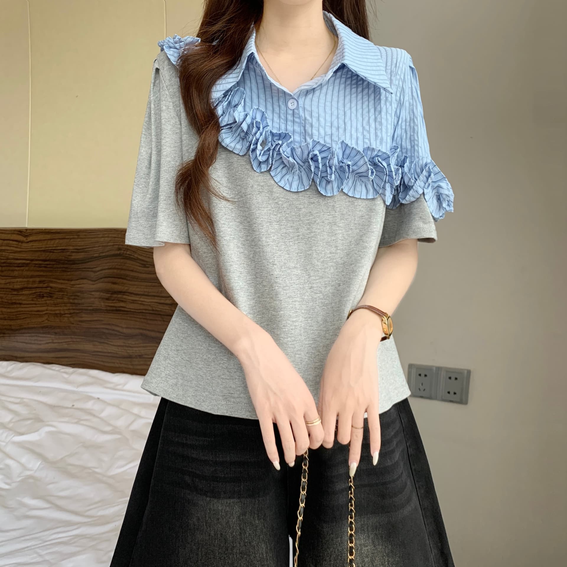 페이크 레이어드 셔츠 레이스 패치워크 반팔 맨위 여자 빅 사이즈 여성 의류 통통한 여동생 슬림해 보이는 POLO 칼라 티셔츠 여성 상세 이미지 8