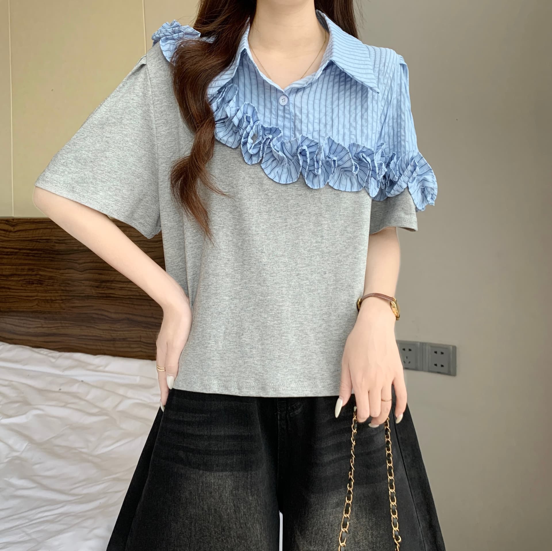 페이크 레이어드 셔츠 레이스 패치워크 반팔 맨위 여자 빅 사이즈 여성 의류 통통한 여동생 슬림해 보이는 POLO 칼라 티셔츠 여성 상세 이미지 10