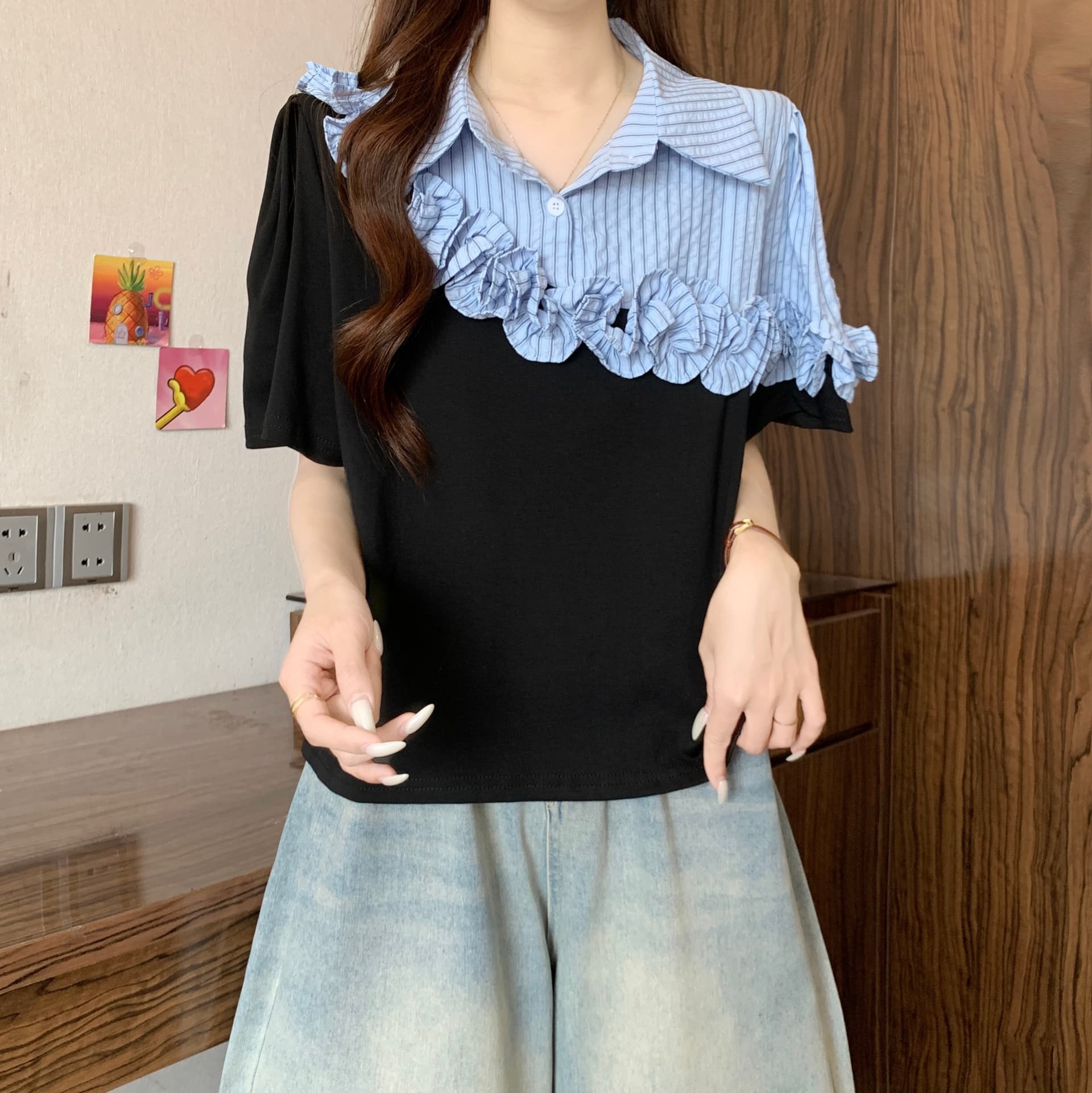 페이크 레이어드 셔츠 레이스 패치워크 반팔 맨위 여자 빅 사이즈 여성 의류 통통한 여동생 슬림해 보이는 POLO 칼라 티셔츠 여성 상세 이미지 16