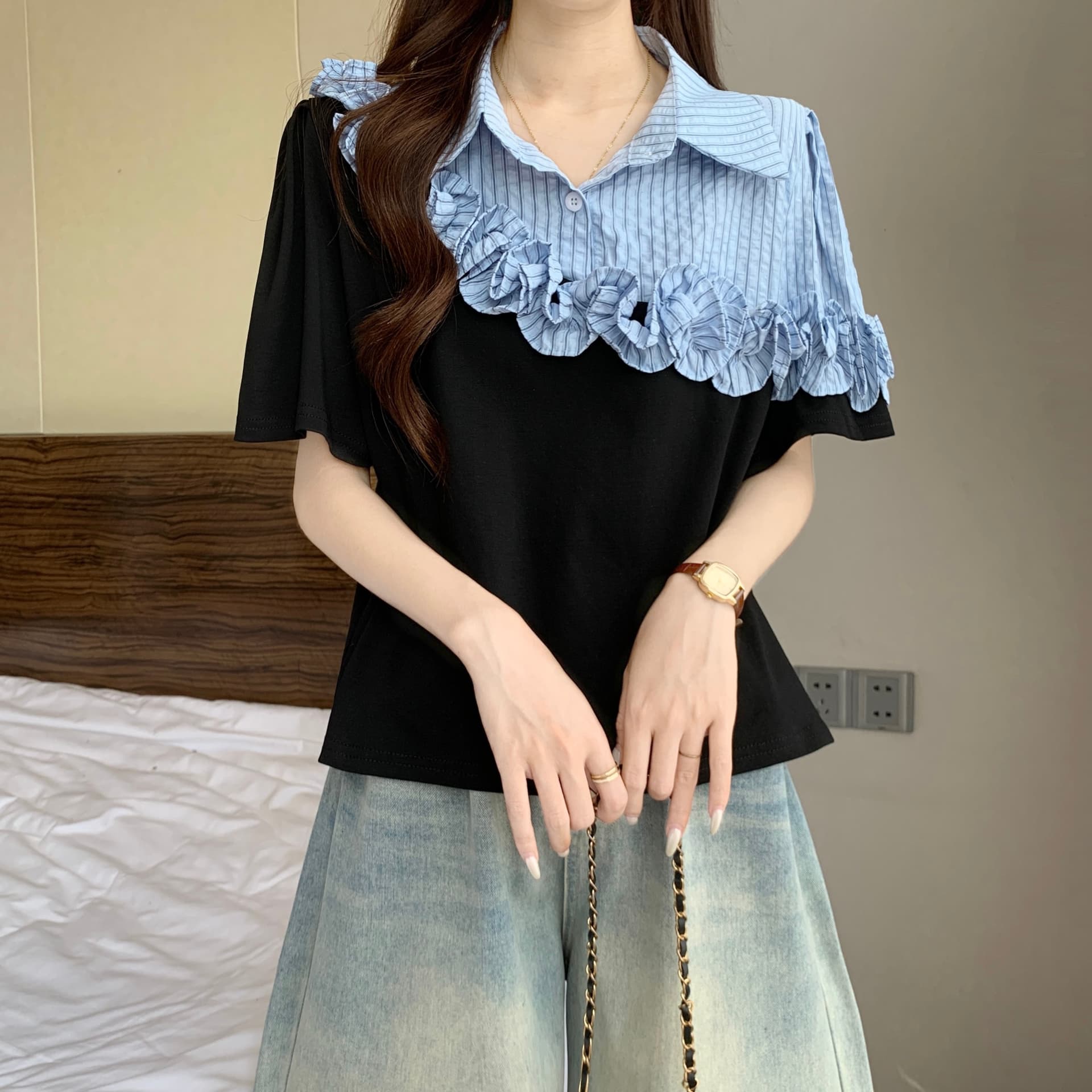 페이크 레이어드 셔츠 레이스 패치워크 반팔 맨위 여자 빅 사이즈 여성 의류 통통한 여동생 슬림해 보이는 POLO 칼라 티셔츠 여성 상세 이미지 18