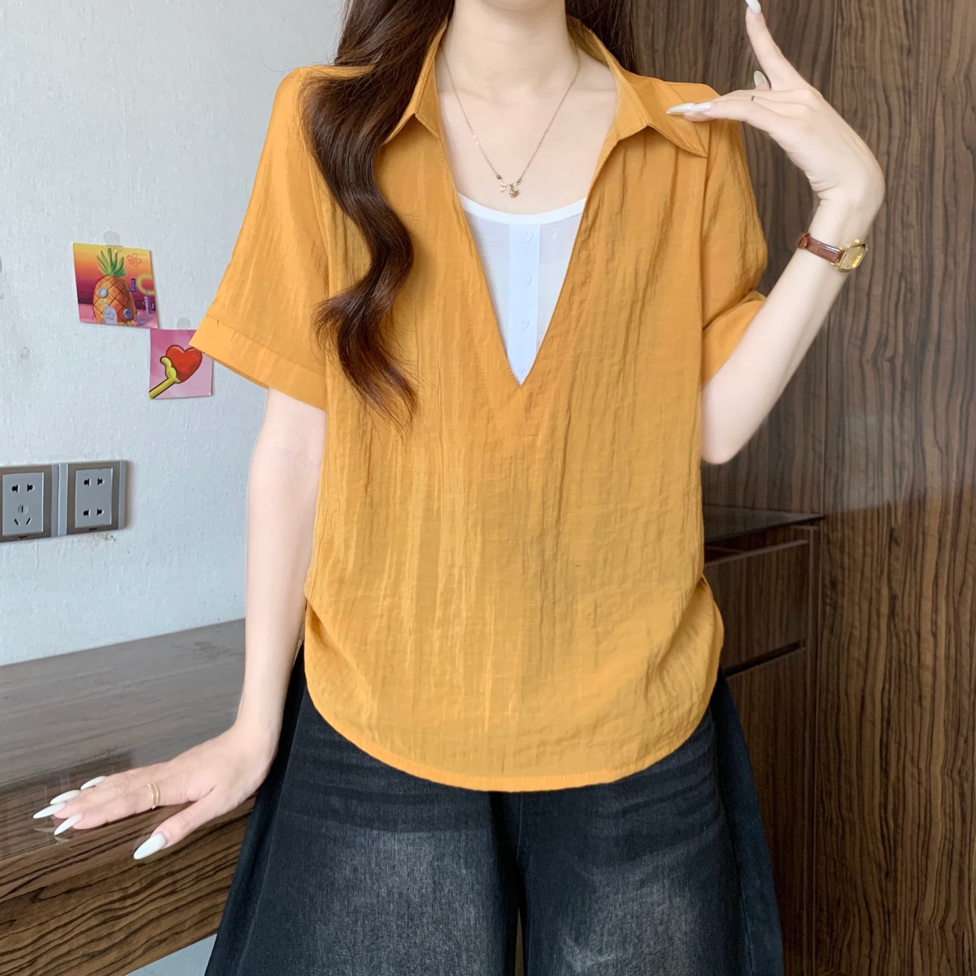 페이크 레이어드 V넥 반팔 만나는 여성 셔츠 여름 새로운 빅 사이즈 지방 mm 슬림해 보이는 루즈핏 표지 배 캐주얼 맨위 상세 이미지 5