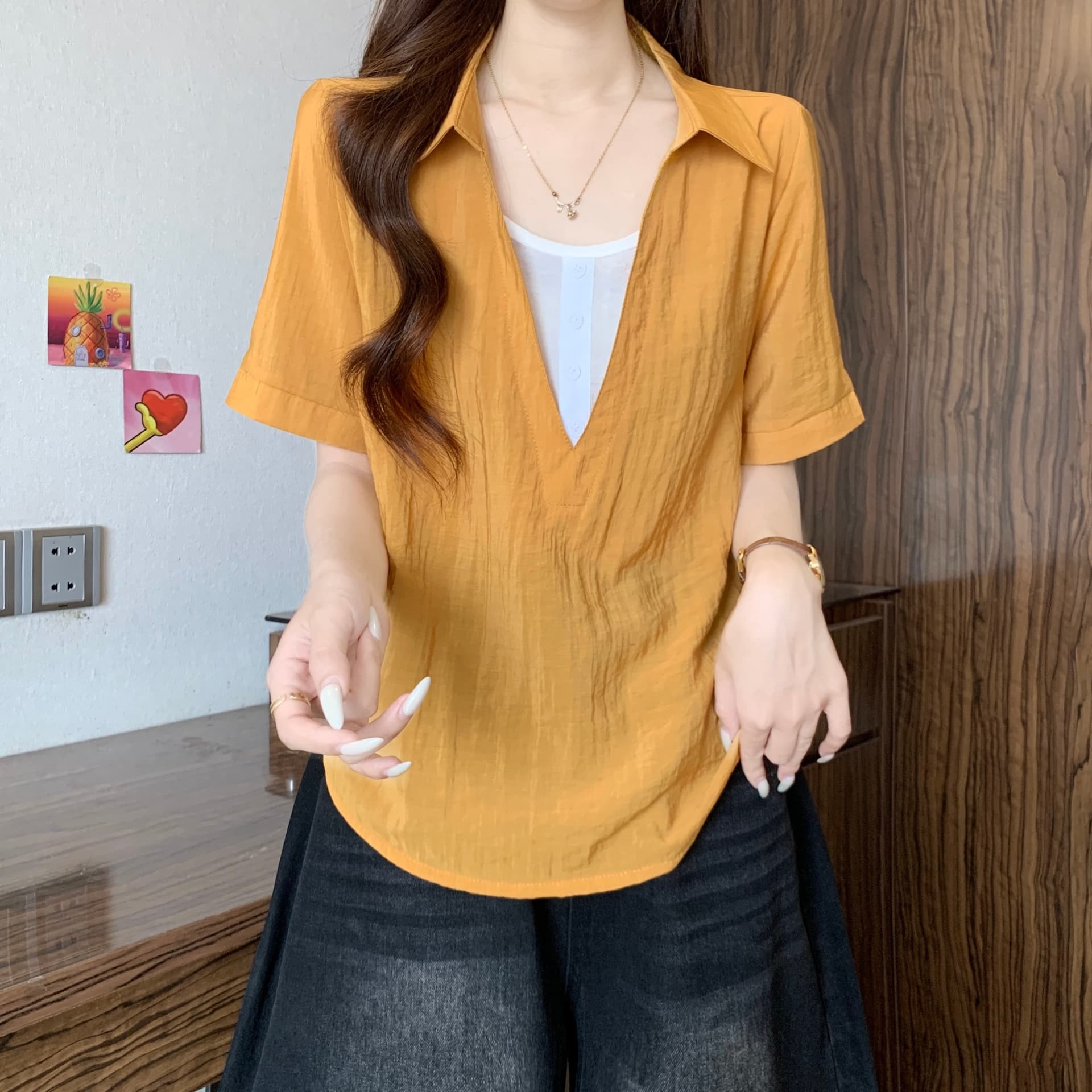 페이크 레이어드 V넥 반팔 만나는 여성 셔츠 여름 새로운 빅 사이즈 지방 mm 슬림해 보이는 루즈핏 표지 배 캐주얼 맨위 상세 이미지 6