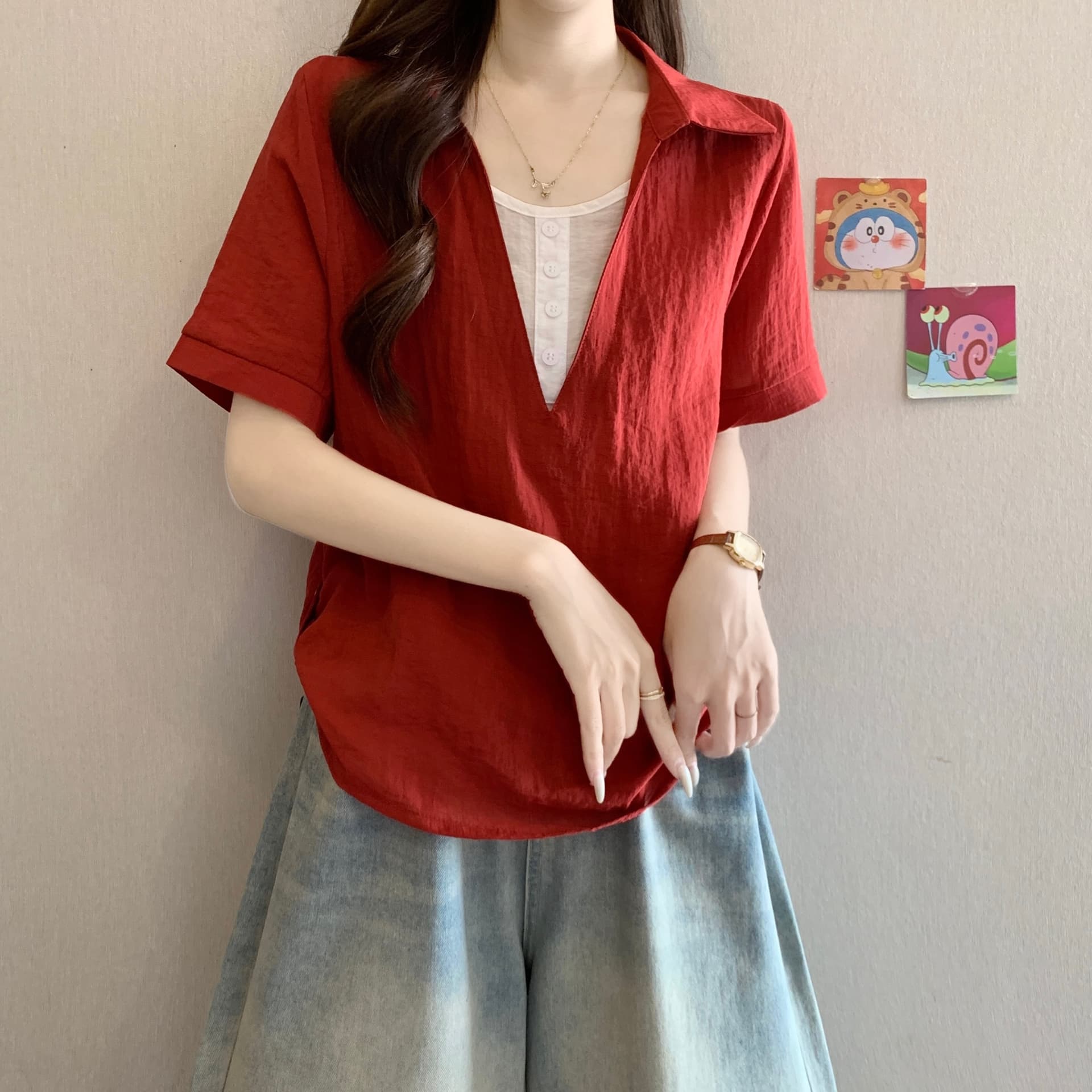 페이크 레이어드 V넥 반팔 만나는 여성 셔츠 여름 새로운 빅 사이즈 지방 mm 슬림해 보이는 루즈핏 표지 배 캐주얼 맨위 상세 이미지 12