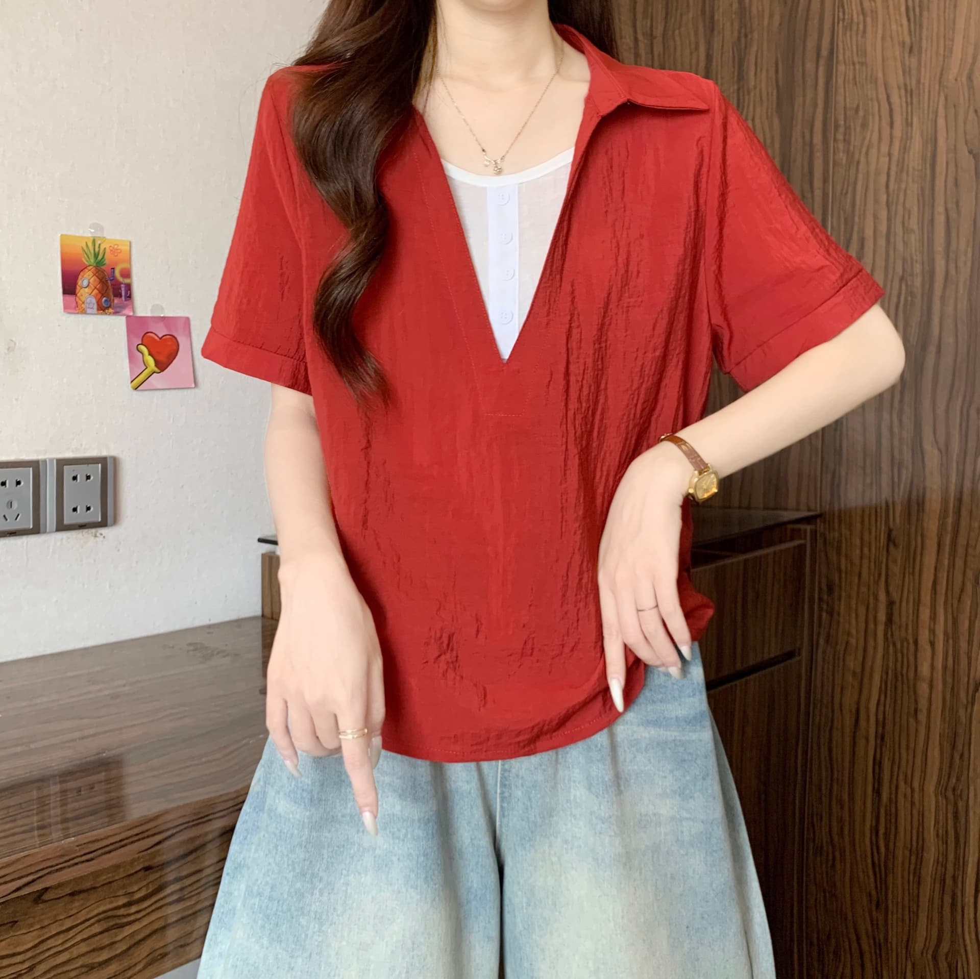 페이크 레이어드 V넥 반팔 만나는 여성 셔츠 여름 새로운 빅 사이즈 지방 mm 슬림해 보이는 루즈핏 표지 배 캐주얼 맨위 상세 이미지 17