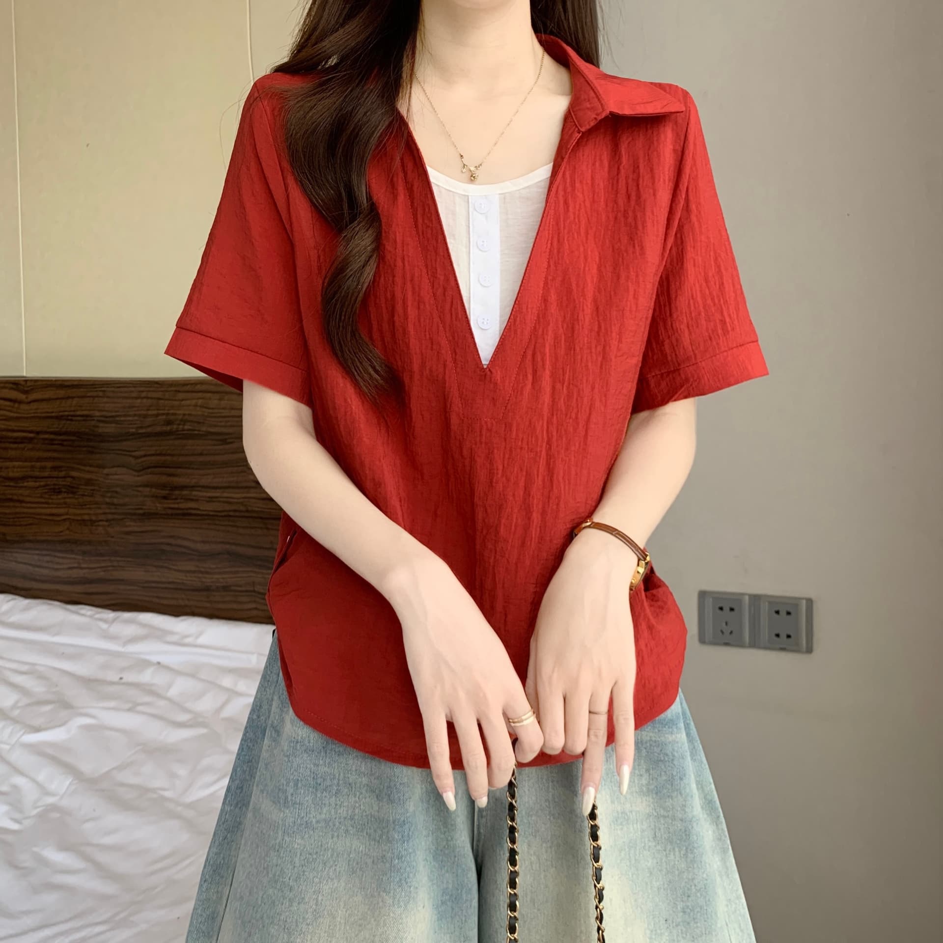 페이크 레이어드 V넥 반팔 만나는 여성 셔츠 여름 새로운 빅 사이즈 지방 mm 슬림해 보이는 루즈핏 표지 배 캐주얼 맨위 상세 이미지 18