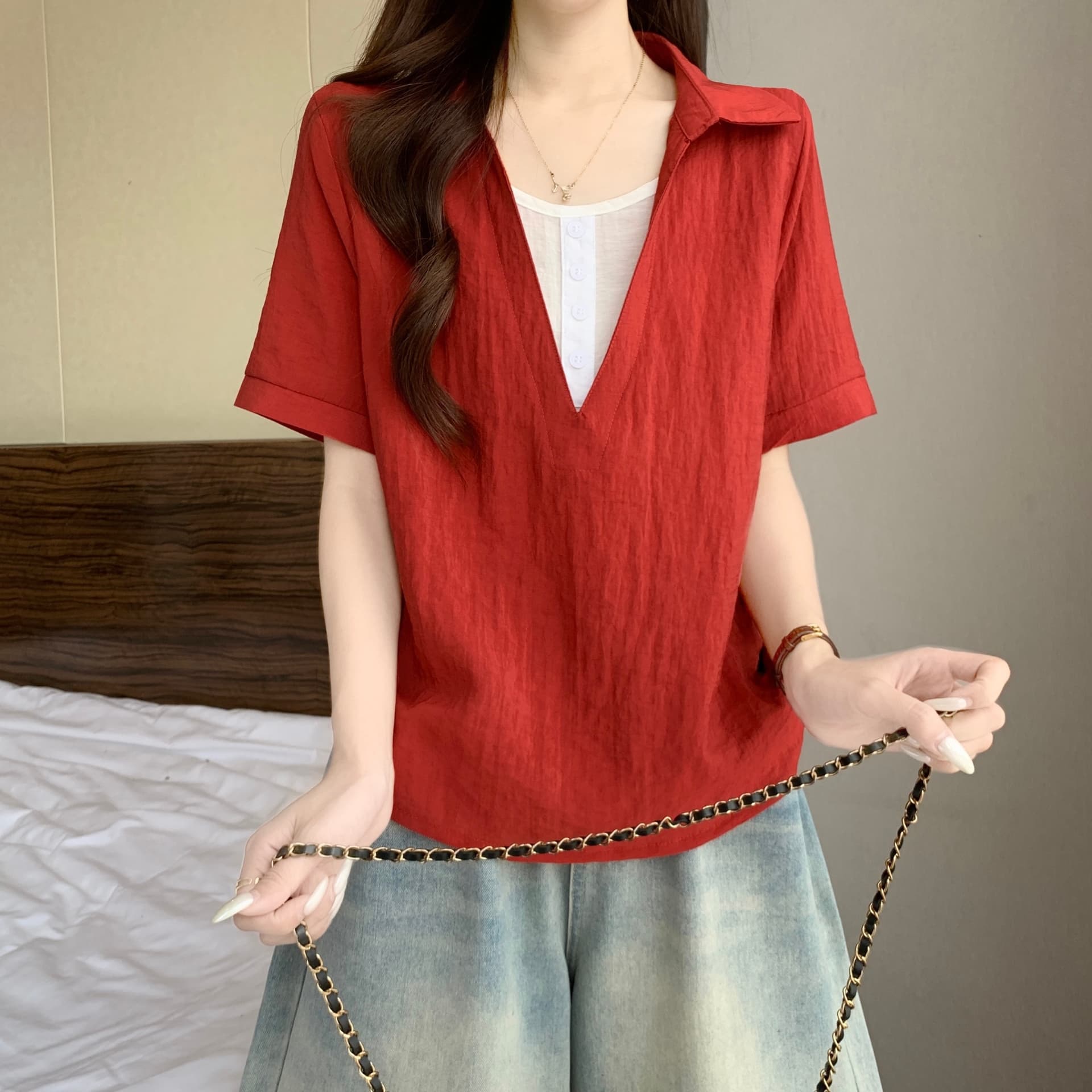 페이크 레이어드 V넥 반팔 만나는 여성 셔츠 여름 새로운 빅 사이즈 지방 mm 슬림해 보이는 루즈핏 표지 배 캐주얼 맨위 상세 이미지 19