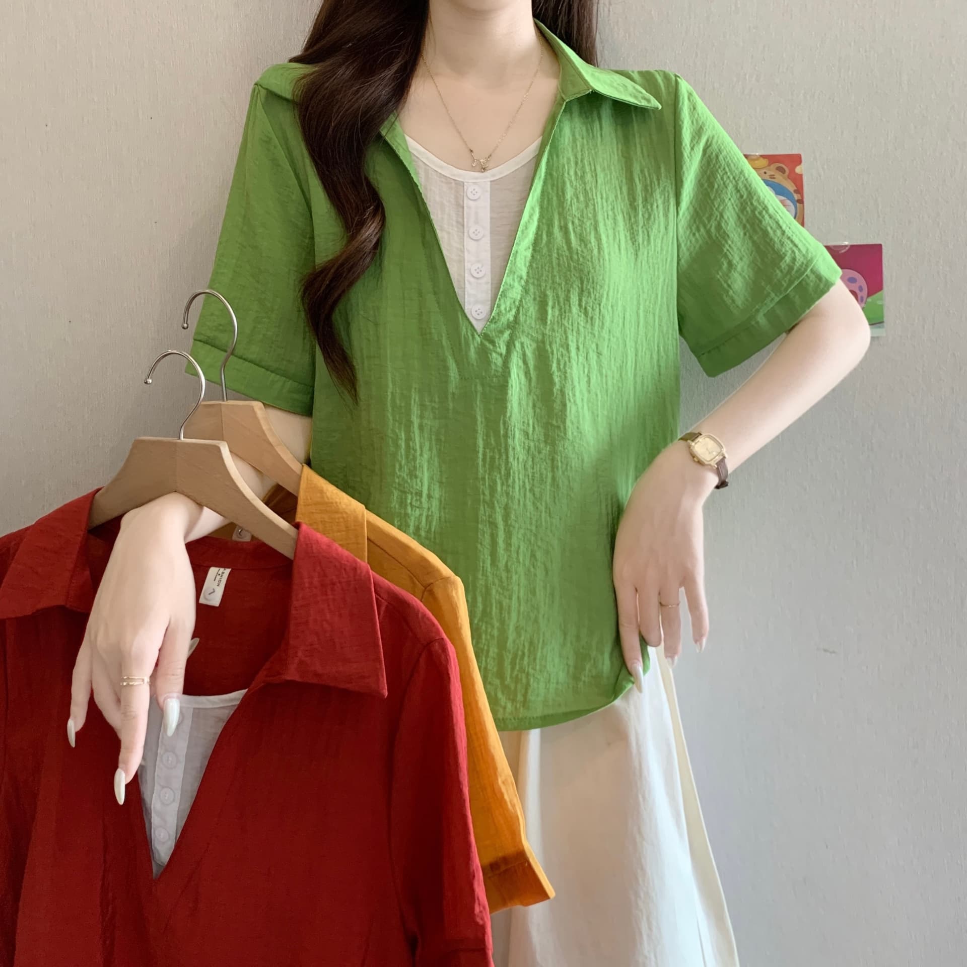 페이크 레이어드 V넥 반팔 만나는 여성 셔츠 여름 새로운 빅 사이즈 지방 mm 슬림해 보이는 루즈핏 표지 배 캐주얼 맨위 상세 이미지 24