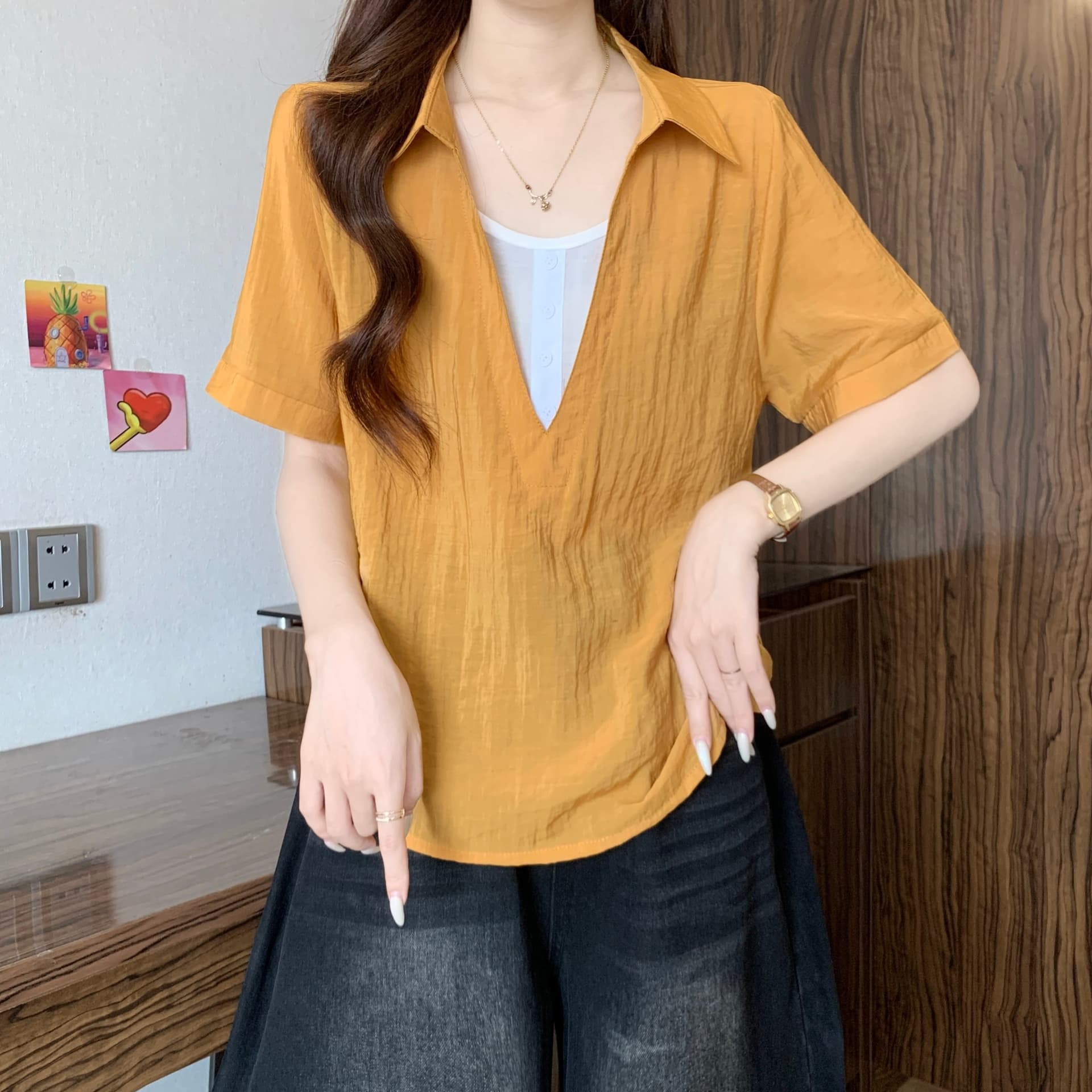 페이크 레이어드 V넥 반팔 만나는 여성 셔츠 여름 새로운 빅 사이즈 지방 mm 슬림해 보이는 루즈핏 표지 배 캐주얼 맨위 상세 이미지 7
