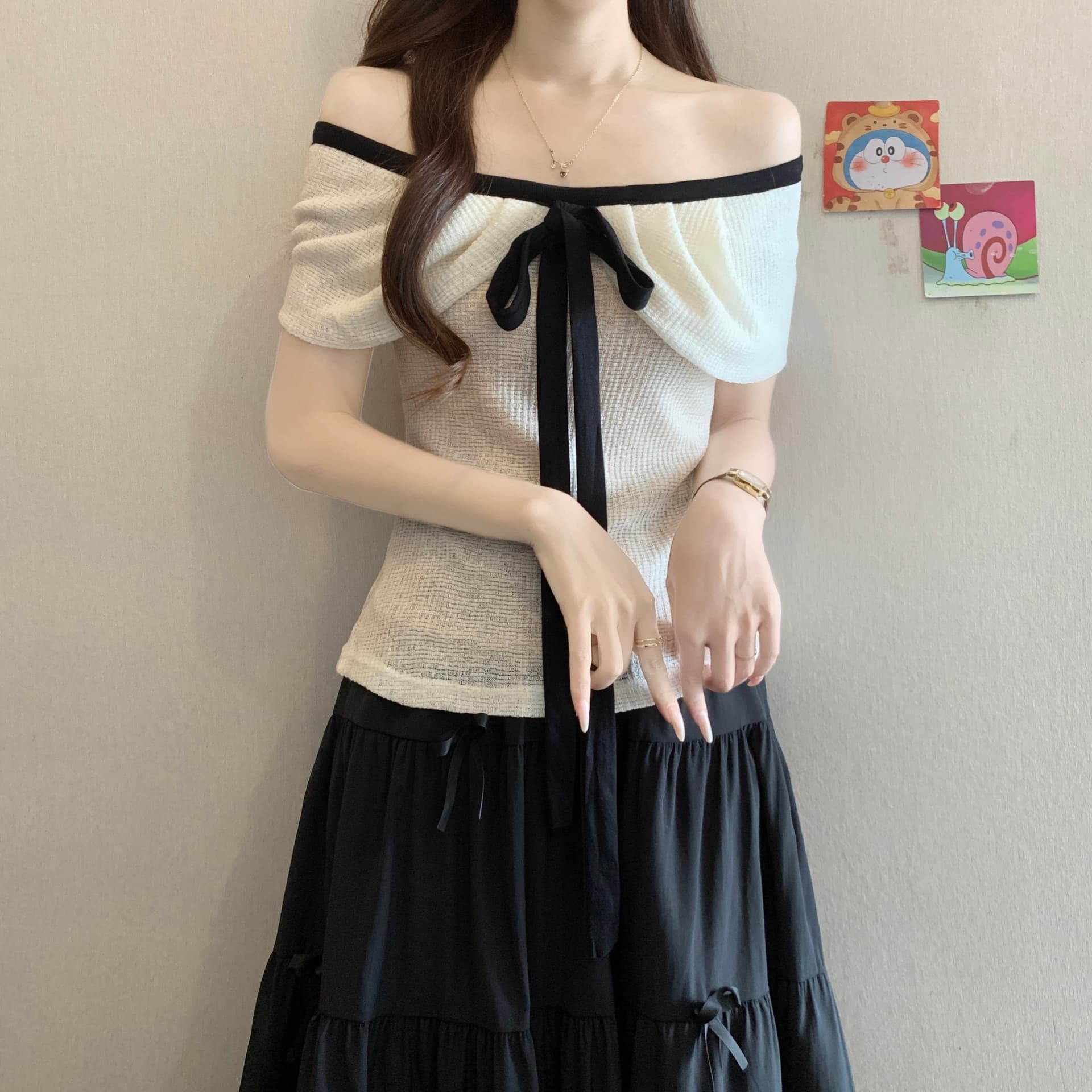 패션 새로운 다용도 루즈핏 지방 mm 순수한 욕망 티셔츠 오프숄더 반팔 맨위 반 스커트 빅 사이즈 세트 이미지 4