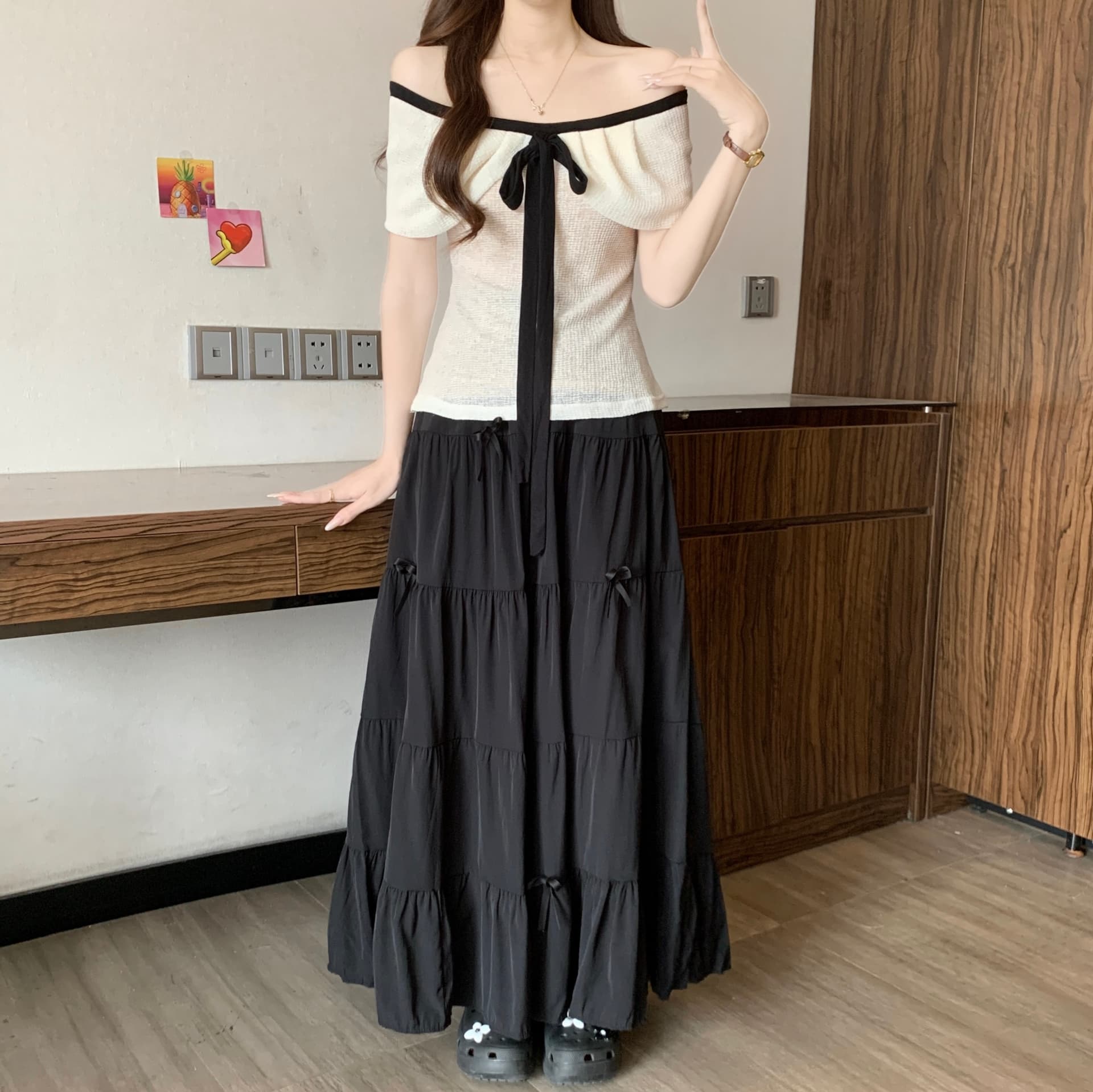 패션 새로운 다용도 루즈핏 지방 mm 순수한 욕망 티셔츠 오프숄더 반팔 맨위 반 스커트 빅 사이즈 세트 이미지 5