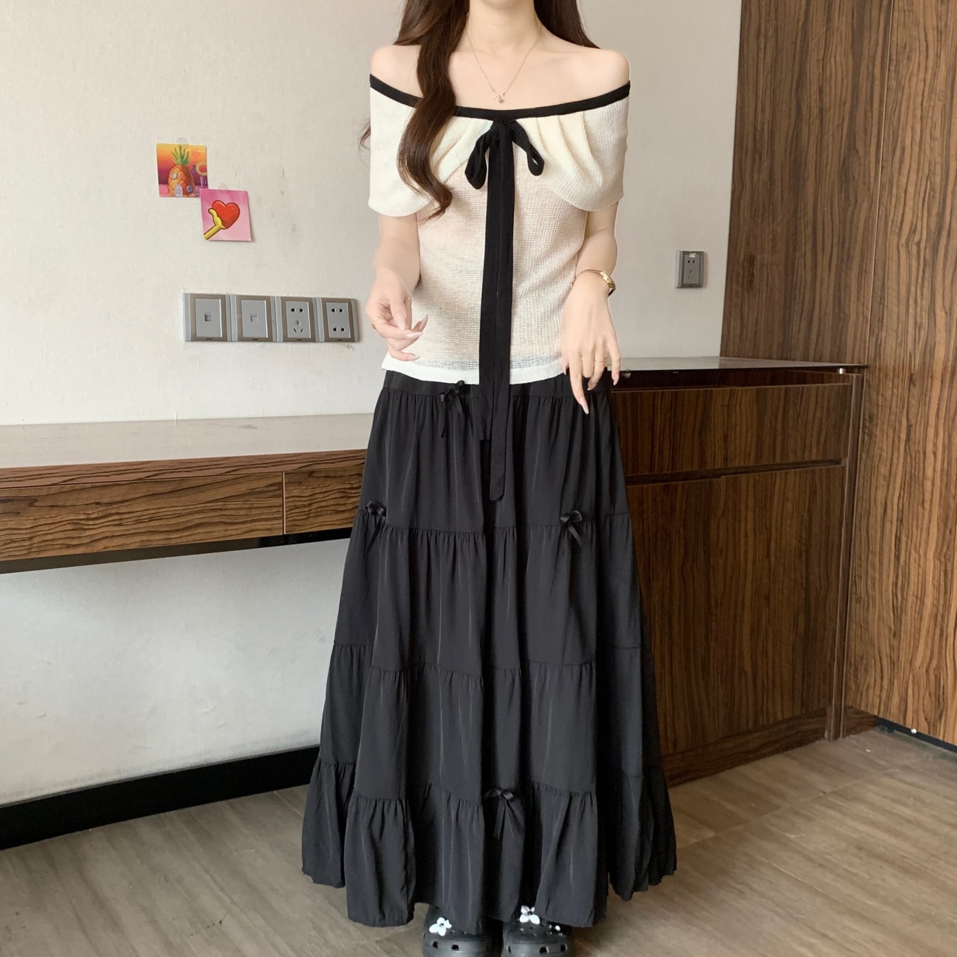 패션 새로운 다용도 루즈핏 지방 mm 순수한 욕망 티셔츠 오프숄더 반팔 맨위 반 스커트 빅 사이즈 세트 상세 이미지 5
