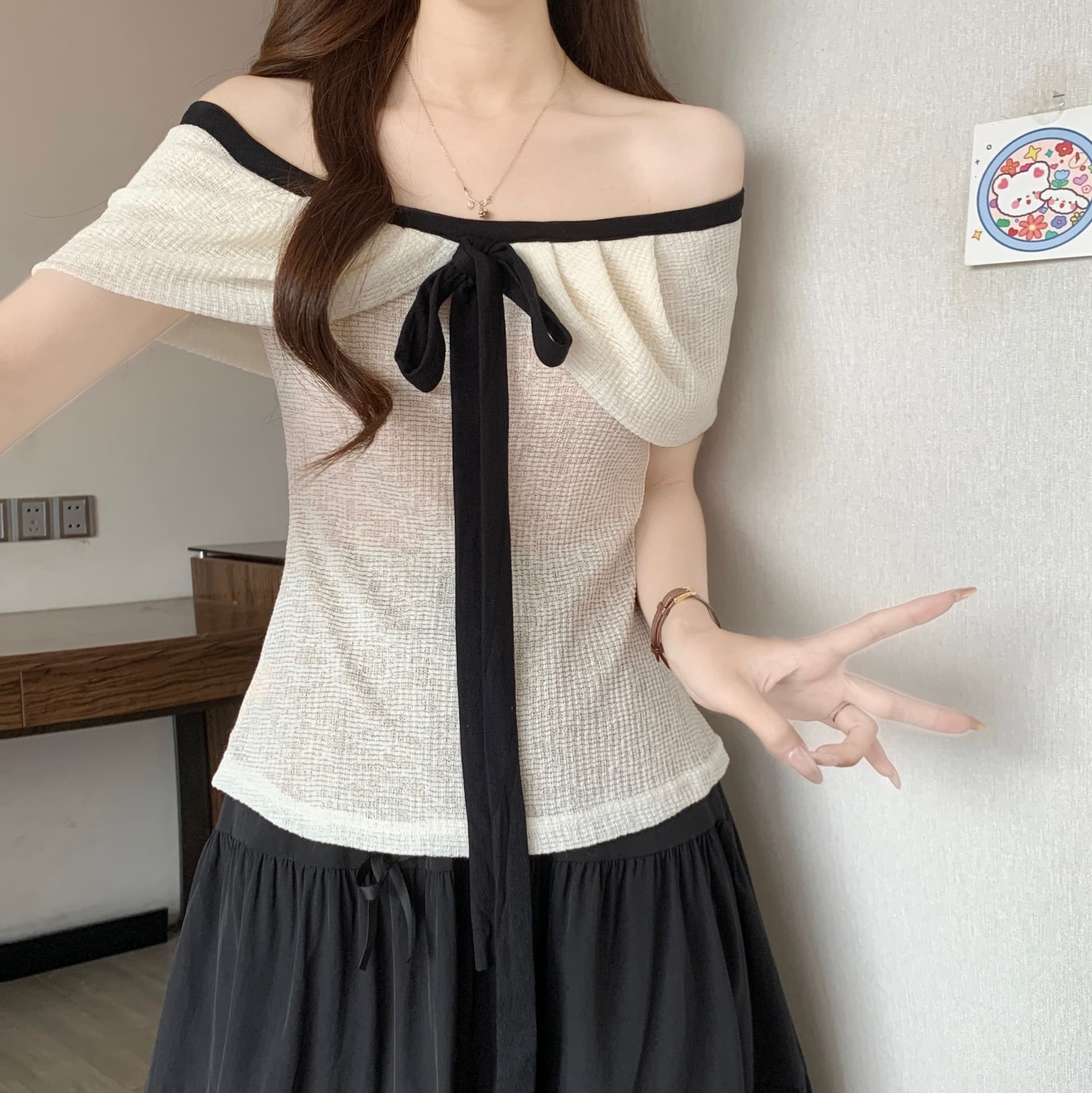 패션 새로운 다용도 루즈핏 지방 mm 순수한 욕망 티셔츠 오프숄더 반팔 맨위 반 스커트 빅 사이즈 세트 상세 이미지 8