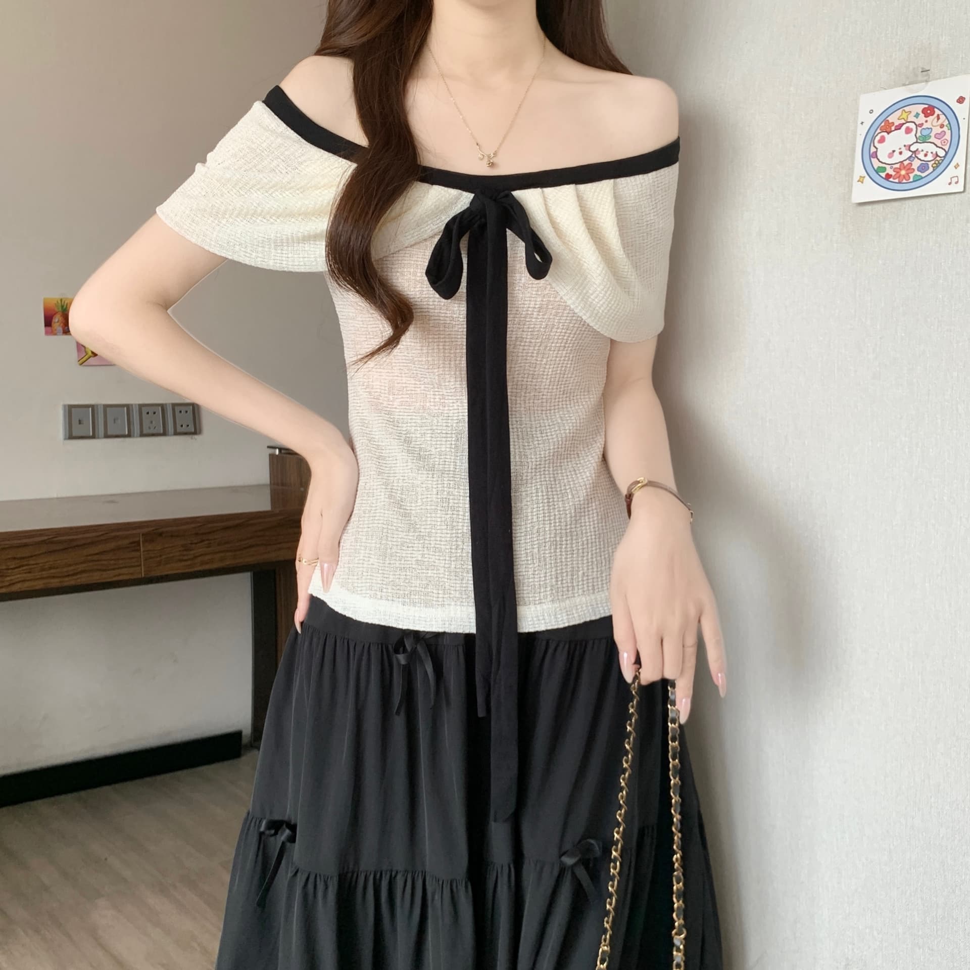패션 새로운 다용도 루즈핏 지방 mm 순수한 욕망 티셔츠 오프숄더 반팔 맨위 반 스커트 빅 사이즈 세트 상세 이미지 10