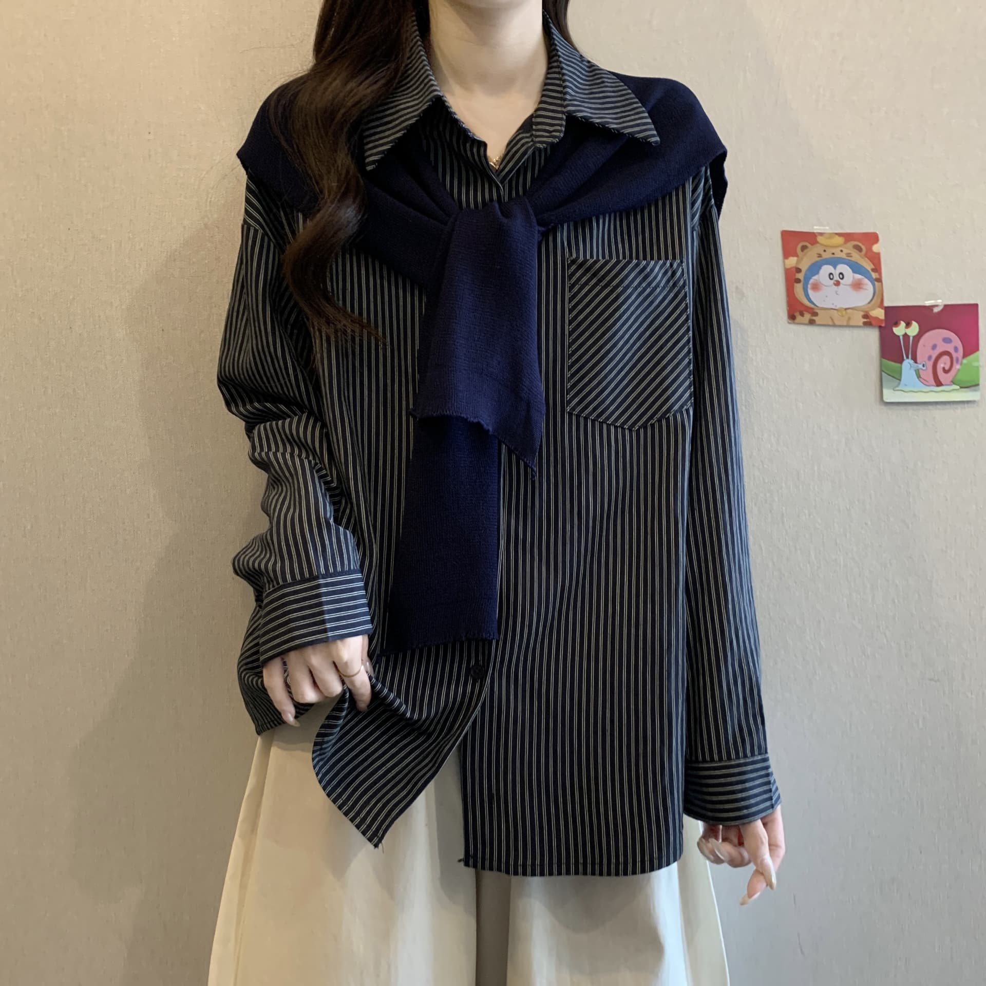 POLO 칼라 스트라이프 긴팔 만나는 여성 셔츠 봄과 가을 빅 사이즈 지방 mm 슬림해 보이는 연령 감소 학원 스타일 숄 맨위 이미지 5