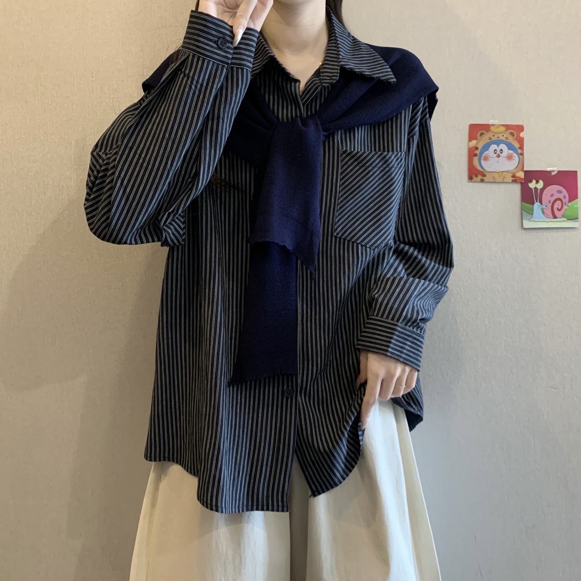 POLO 칼라 스트라이프 긴팔 만나는 여성 셔츠 봄과 가을 빅 사이즈 지방 mm 슬림해 보이는 연령 감소 학원 스타일 숄 맨위 상세 이미지 2