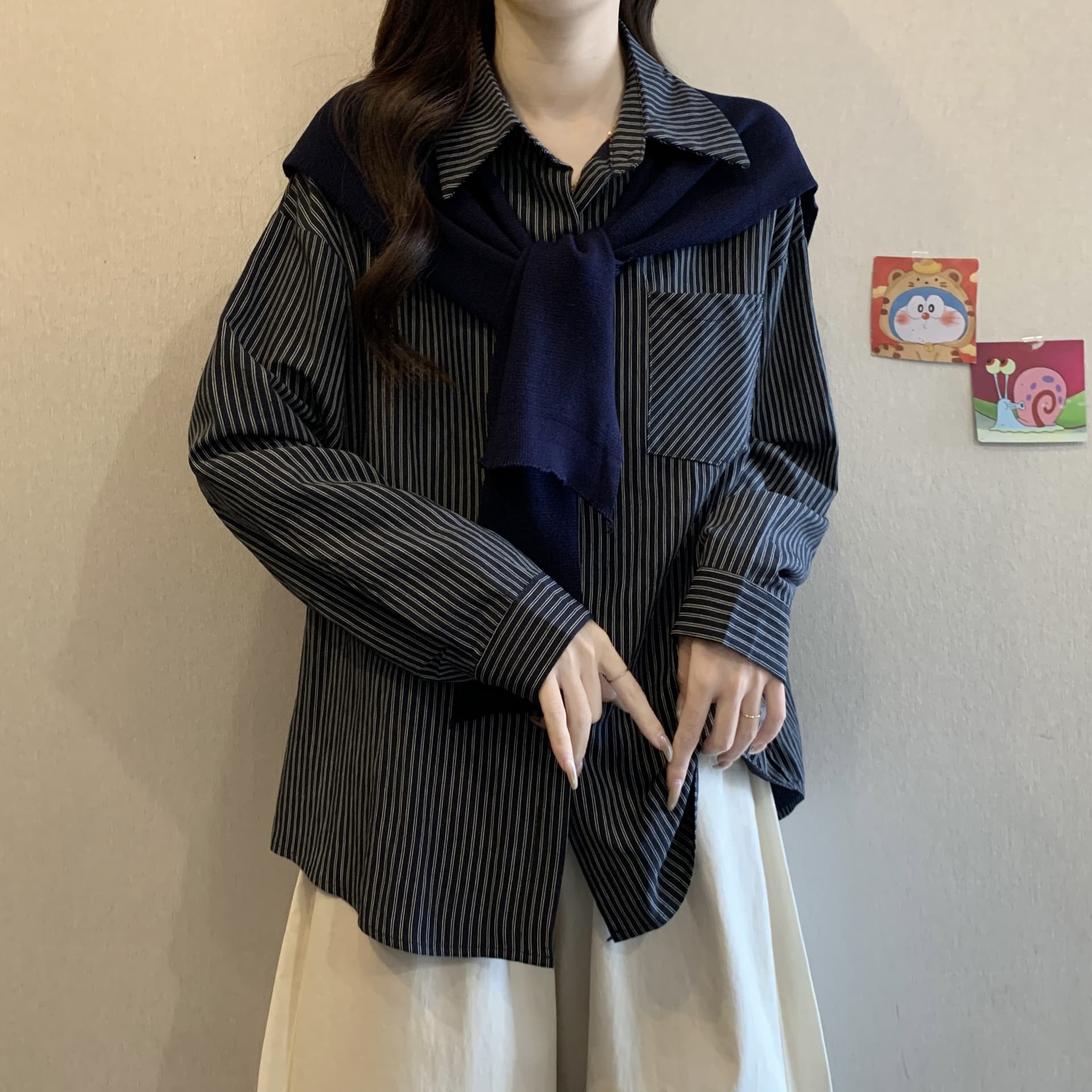 POLO 칼라 스트라이프 긴팔 만나는 여성 셔츠 봄과 가을 빅 사이즈 지방 mm 슬림해 보이는 연령 감소 학원 스타일 숄 맨위 상세 이미지 3