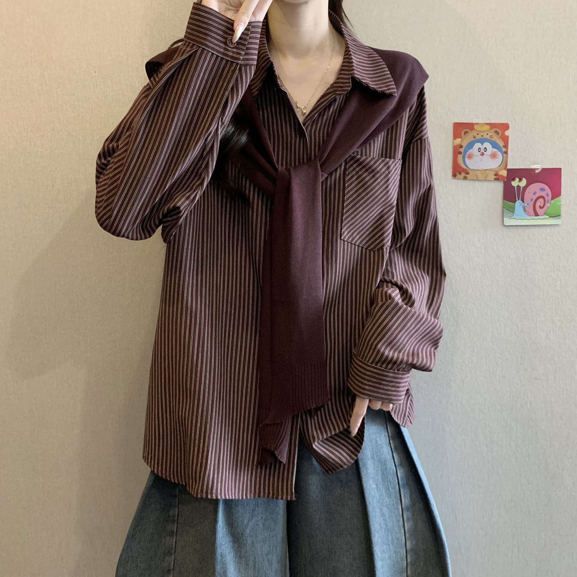 POLO 칼라 스트라이프 긴팔 만나는 여성 셔츠 봄과 가을 빅 사이즈 지방 mm 슬림해 보이는 연령 감소 학원 스타일 숄 맨위 상세 이미지 12