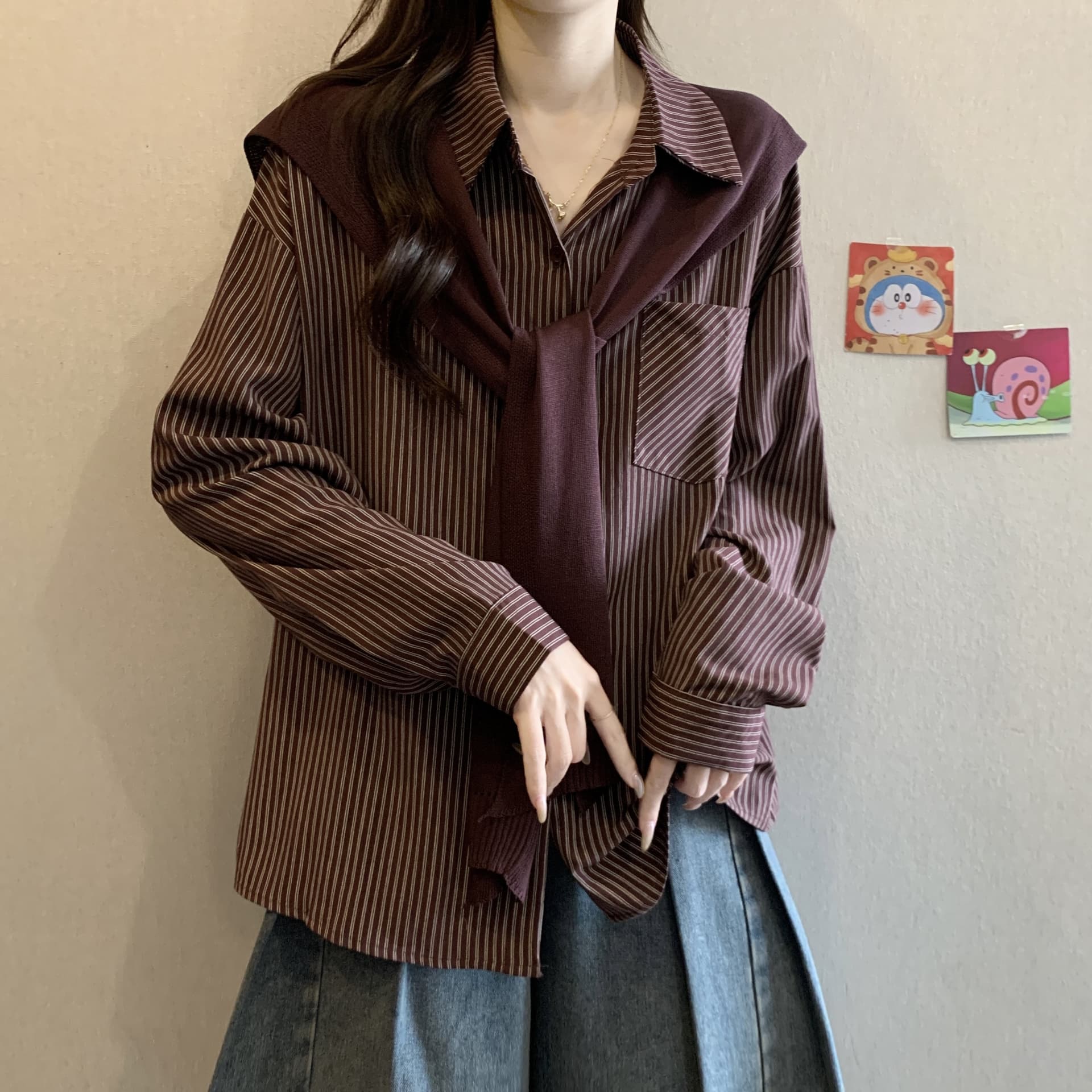 POLO 칼라 스트라이프 긴팔 만나는 여성 셔츠 봄과 가을 빅 사이즈 지방 mm 슬림해 보이는 연령 감소 학원 스타일 숄 맨위 상세 이미지 13