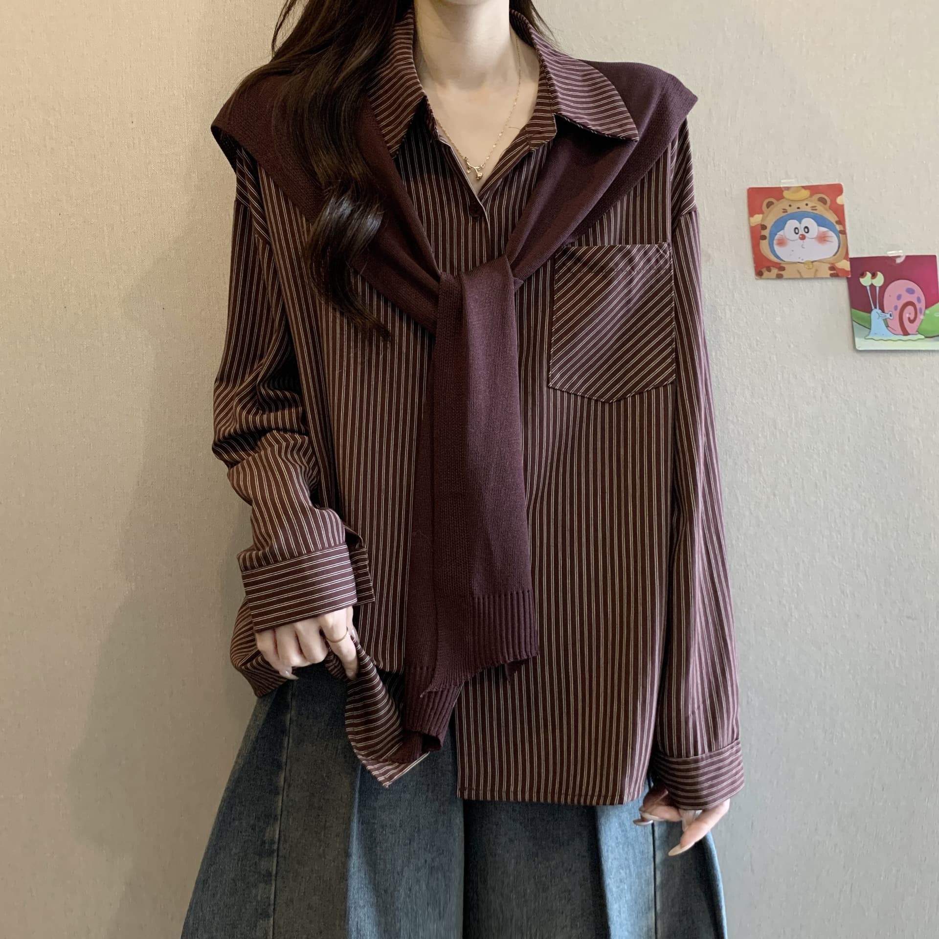 POLO 칼라 스트라이프 긴팔 만나는 여성 셔츠 봄과 가을 빅 사이즈 지방 mm 슬림해 보이는 연령 감소 학원 스타일 숄 맨위 상세 이미지 14