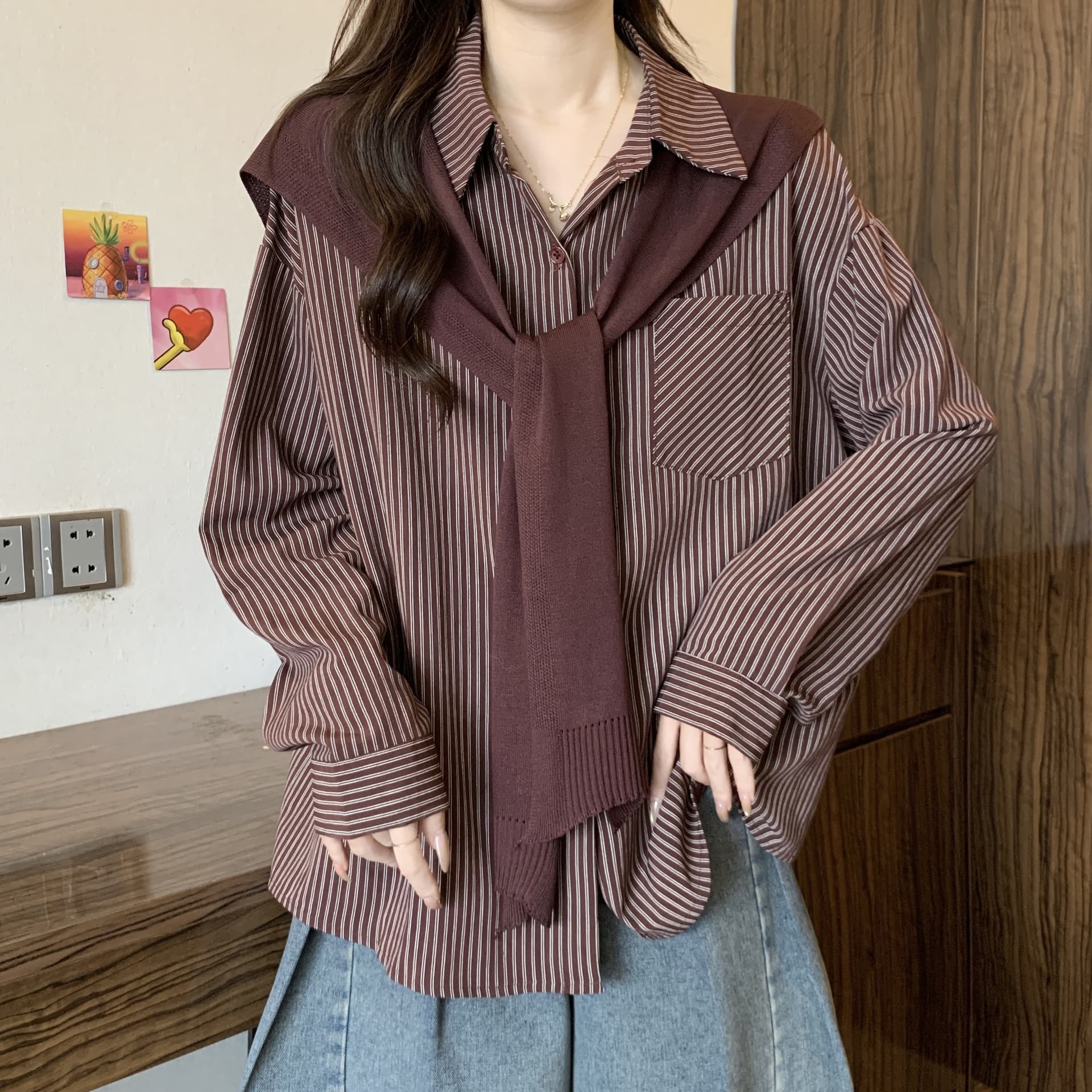 POLO 칼라 스트라이프 긴팔 만나는 여성 셔츠 봄과 가을 빅 사이즈 지방 mm 슬림해 보이는 연령 감소 학원 스타일 숄 맨위 상세 이미지 18