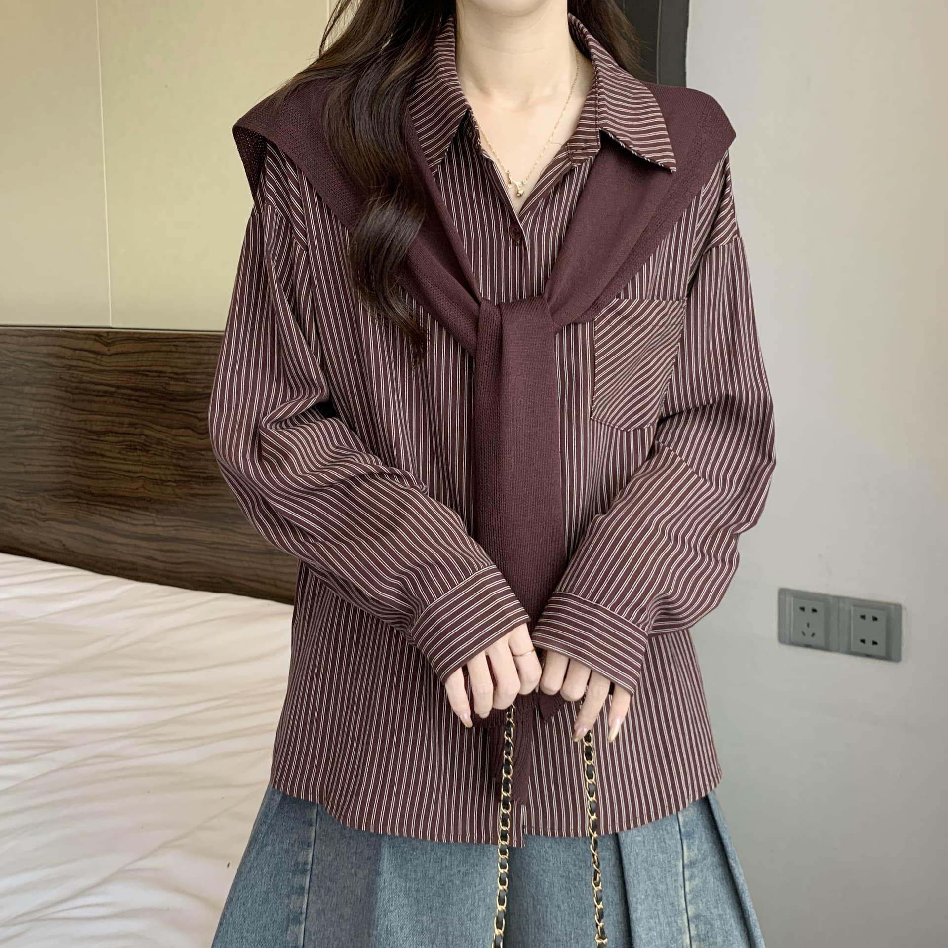 POLO 칼라 스트라이프 긴팔 만나는 여성 셔츠 봄과 가을 빅 사이즈 지방 mm 슬림해 보이는 연령 감소 학원 스타일 숄 맨위 상세 이미지 19