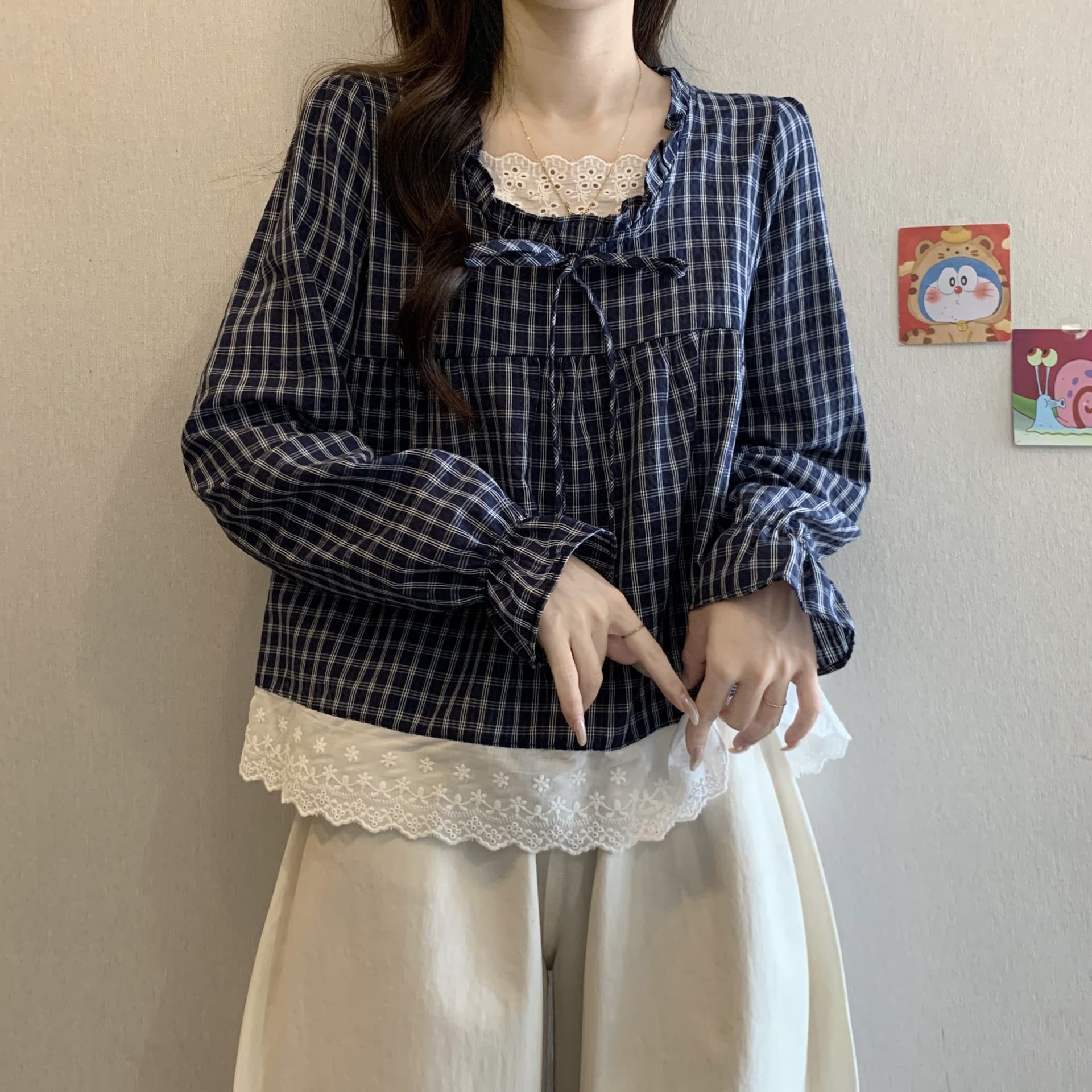 레이스 레이스 하늘색 스트라이프 긴팔 여성 셔츠 2026 이른 가을 빅 사이즈 지방 mm 한 부서 chic 연령 감소 맨위 이미지 3