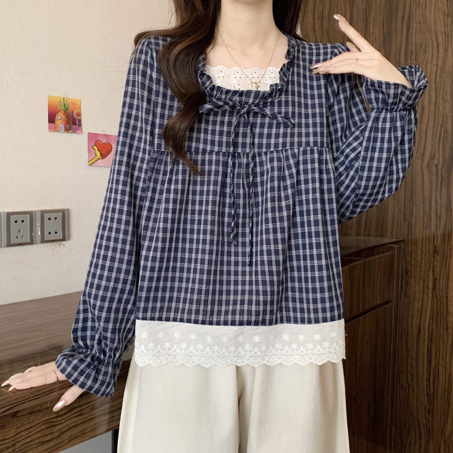 레이스 레이스 하늘색 스트라이프 긴팔 여성 셔츠 2026 이른 가을 빅 사이즈 지방 mm 한 부서 chic 연령 감소 맨위 상세 이미지 6